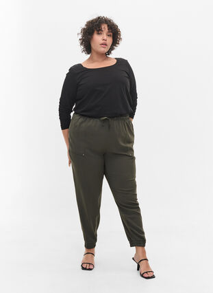 Pantalon avec poches et ourlet élastique, Dark Olive, Model image number 0