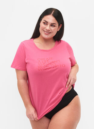 T-shirt avec imprimé en coton et à manches courtes, Hot Pink Create, Model image number 0
