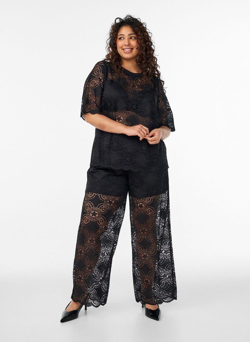 Pantalon large taille haute en dentelle, Noir, Model image number 0