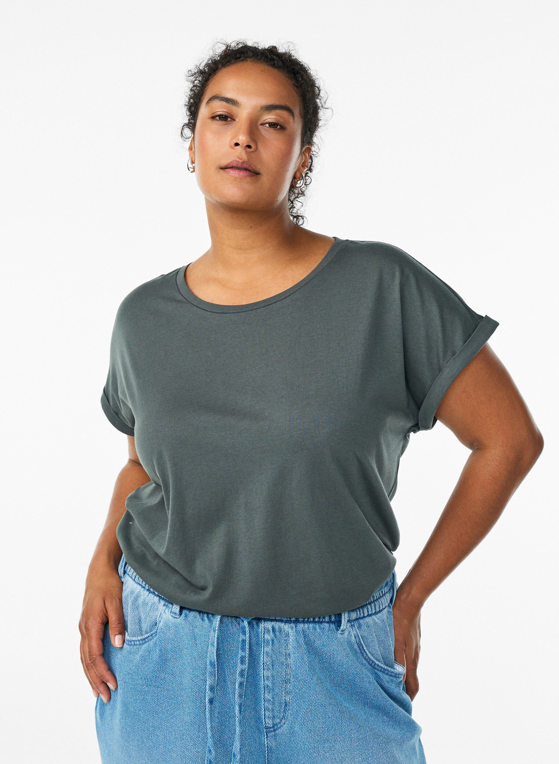 ZizziT-shirt met korte mouwen van katoenmix, Groen, Model image number 0