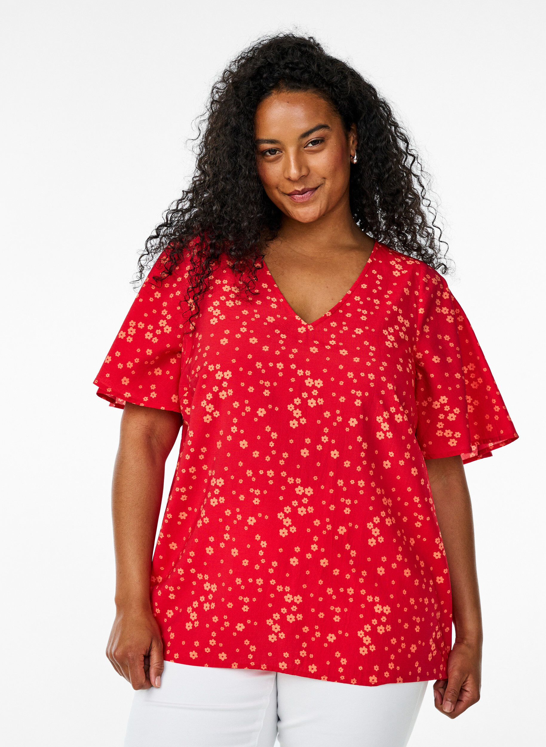 Blouse met vleermuismouwen en bloemen, Rood, Model