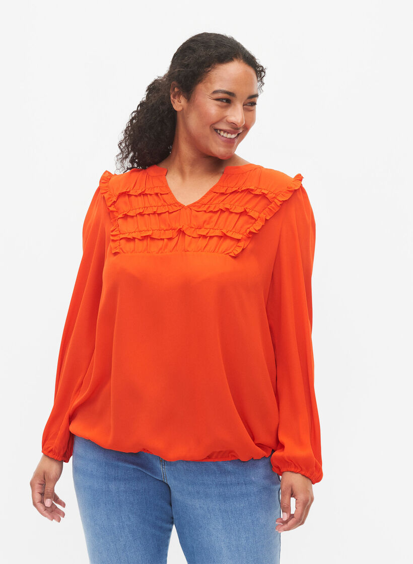 Blouse met franjes en lange mouw, Orange.com, Model image number 0