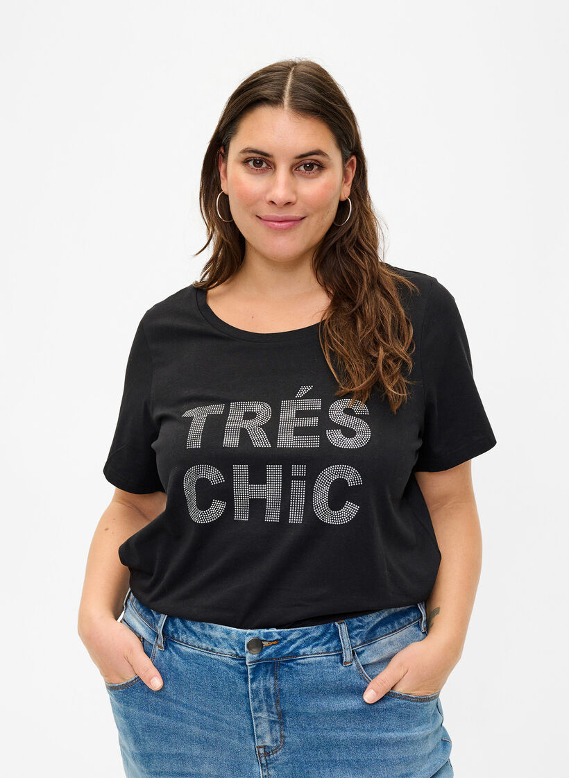 T-shirt van biologisch katoen met studs, Black W. TRÉS, Model image number 0