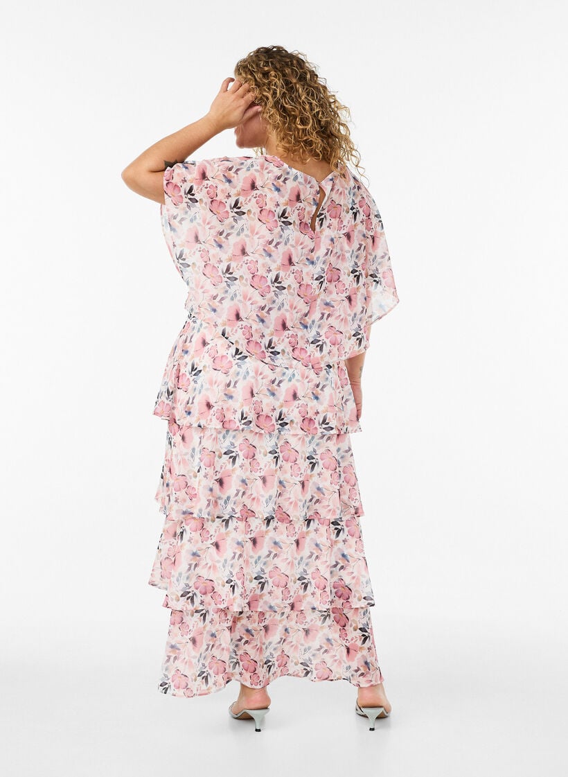 Robe maxi avec plusieurs couches de volants et cape amovible, Blanc, Model image number 2