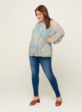Geplooide blouse met bloemenprint, Light Blue Multi AOP, Model image number 2