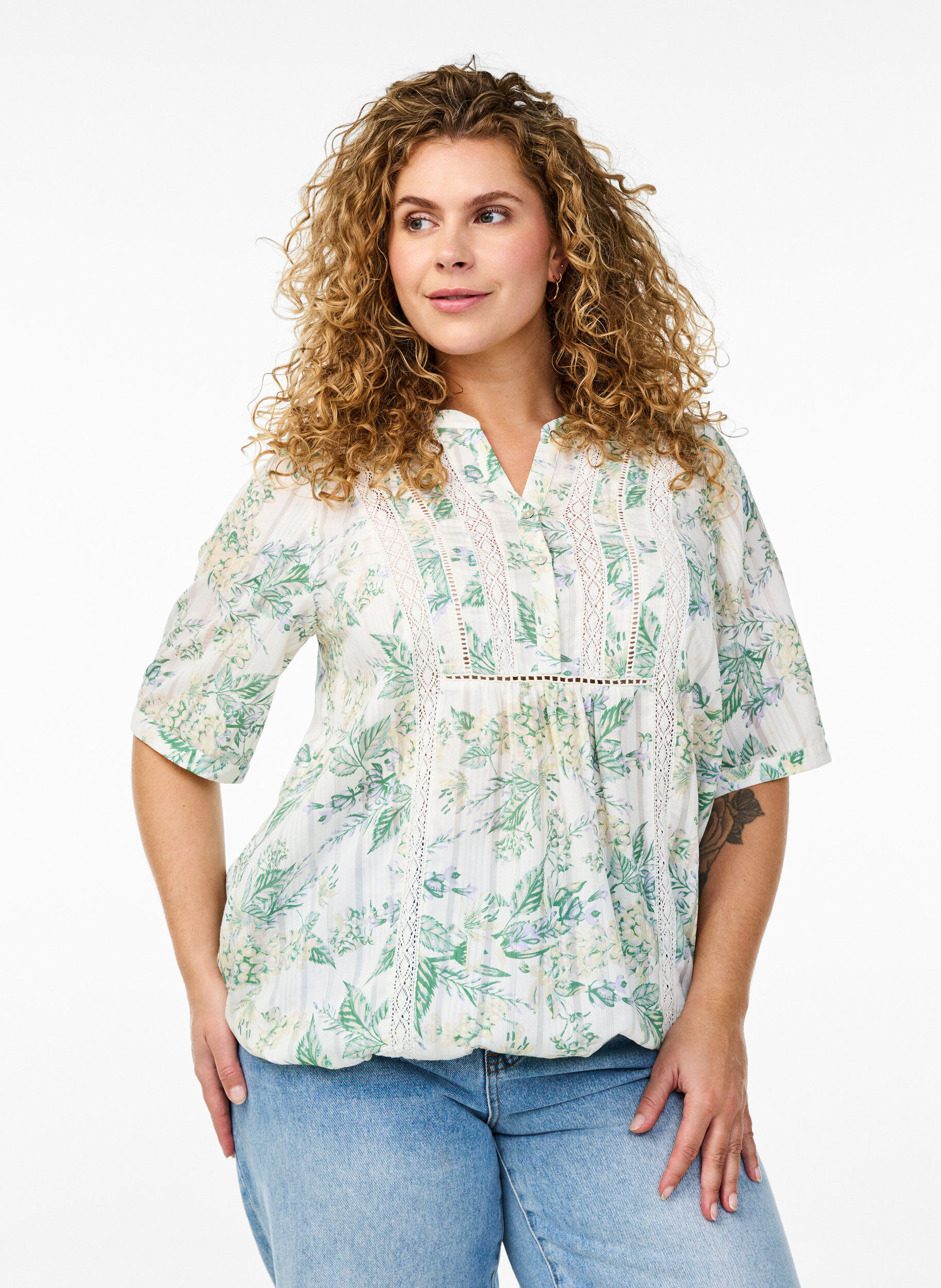 Blouse met print en 1/2 mouwen, Wit, Model