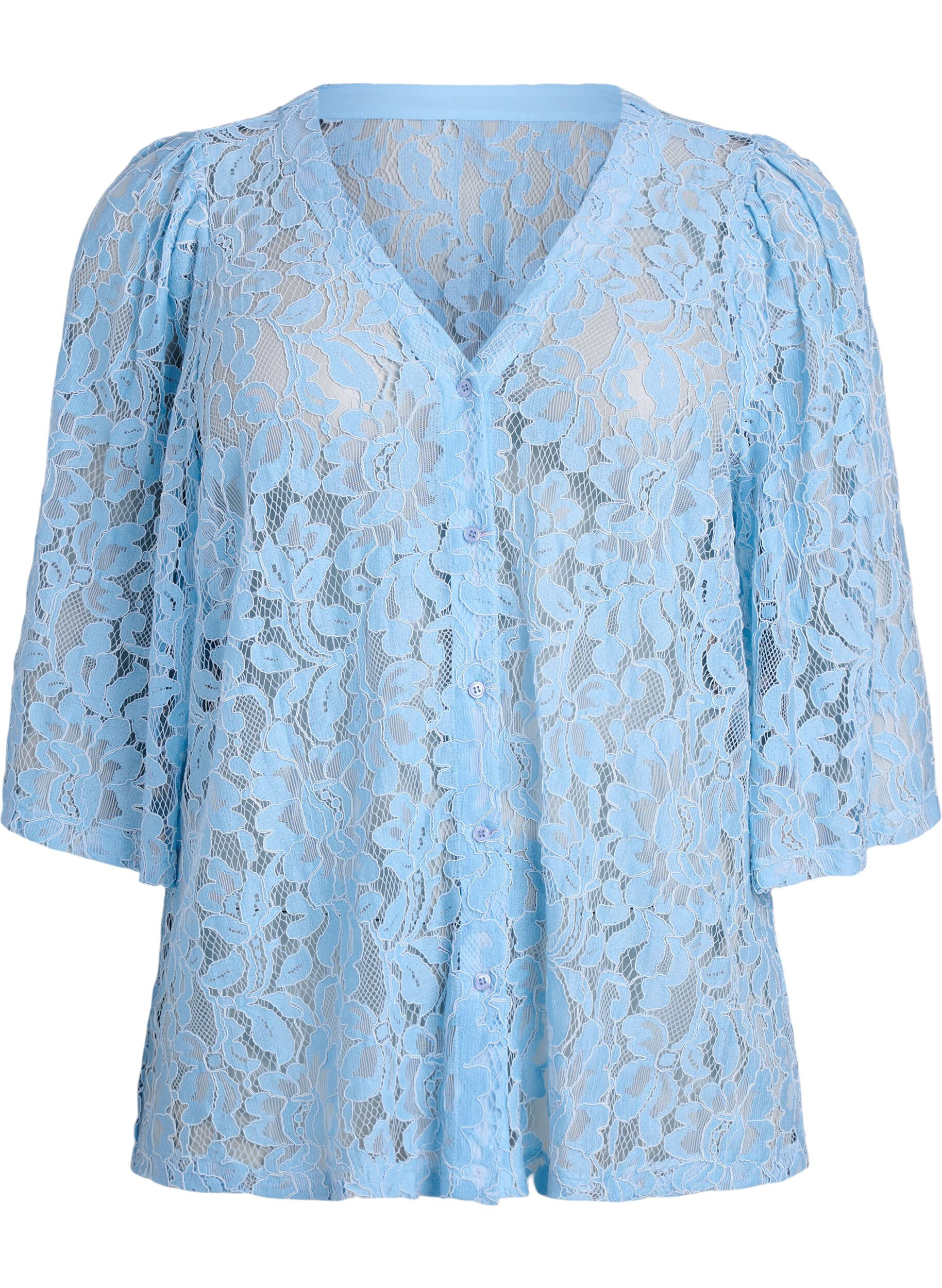 ZizziKanten blouse met korte mouwen en V-hals, Blauw, Packshot image number 0