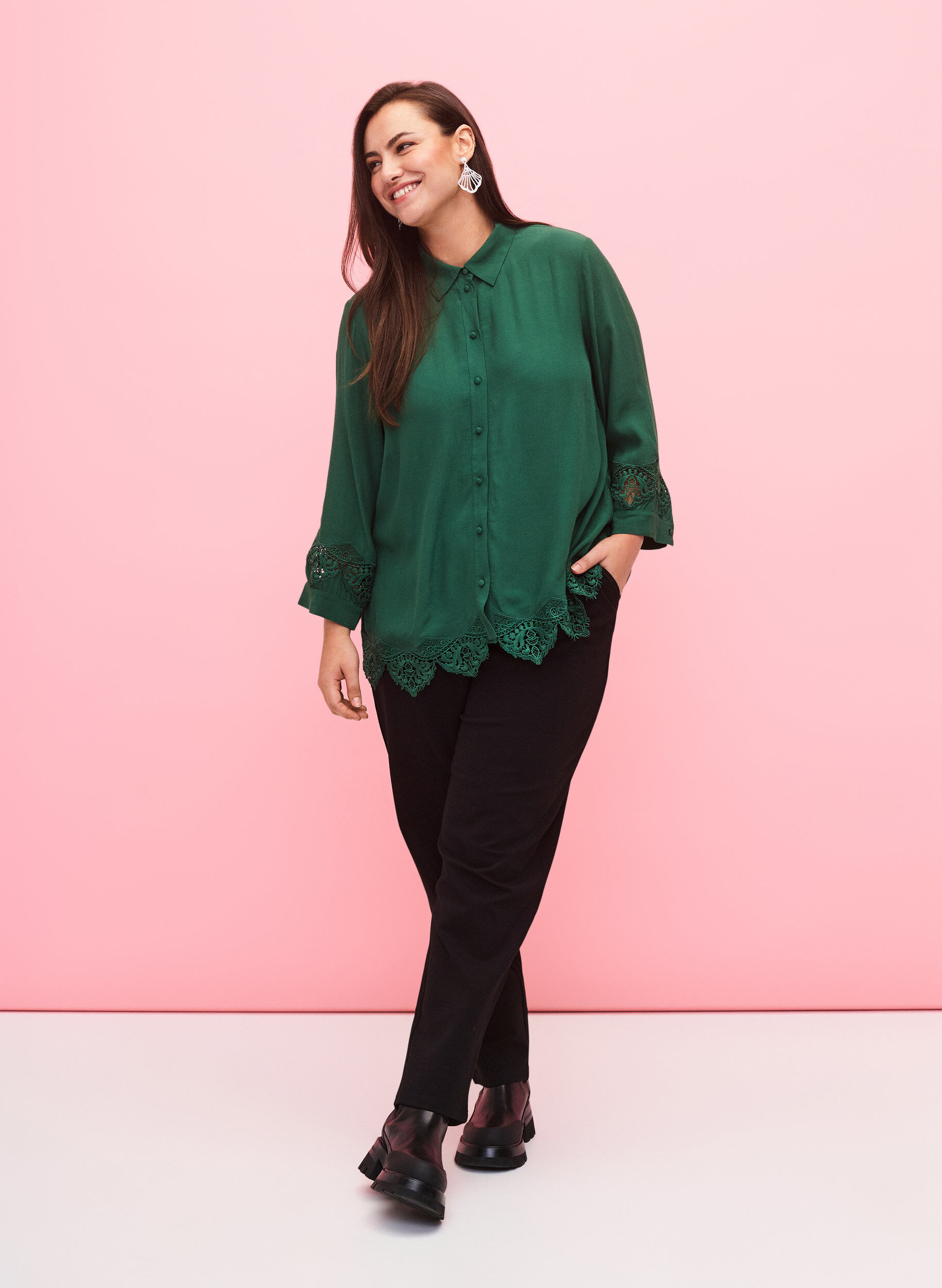 ZizziViscose shirt met 3/4 mouwen en borduurdetails, Hunter Green, Model image number 2