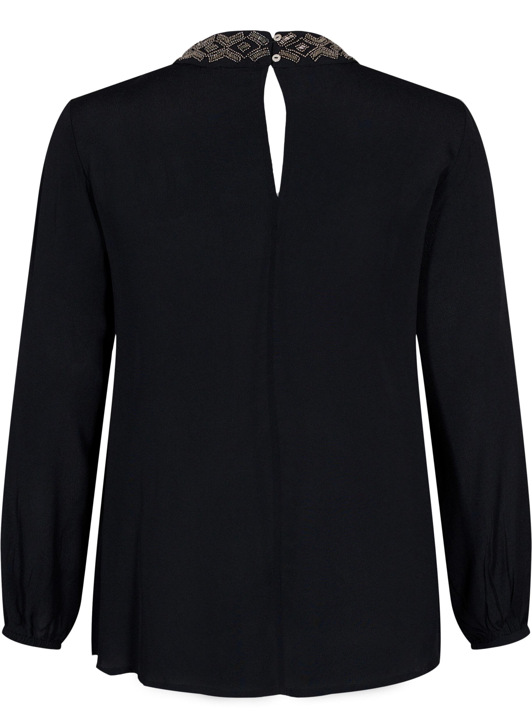 ZizziViscose blouse met lange mouwen en parels, Black, Packshot image number 1