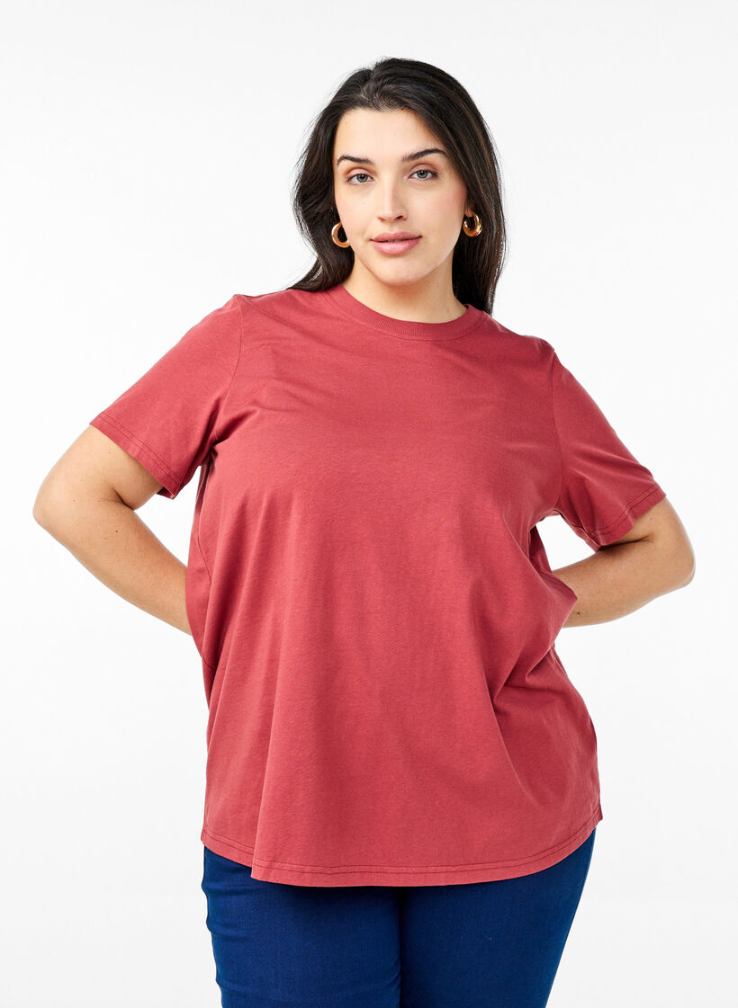 T-shirt basique en coton &agrave; col rond, Rouge, Model image number 0