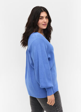 Pull en tricot à col en V et manches ballon, Ultramarine Mel, Model image number 1