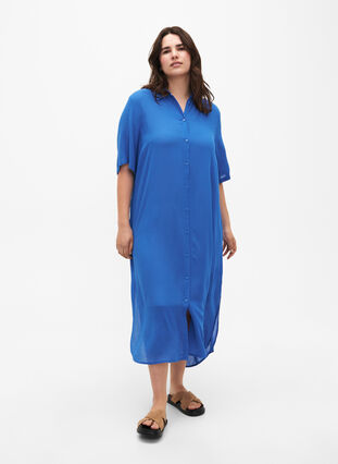 Robe chemise à manches courtes en viscose, Victoria blue, Model image number 0