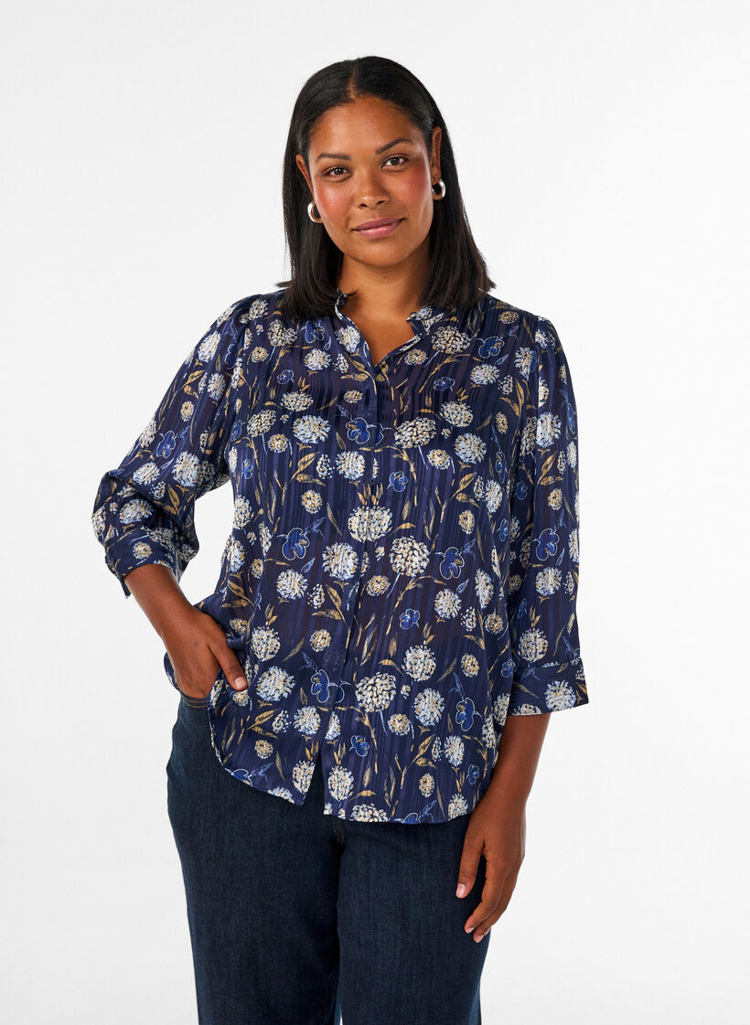 Chemise &agrave; motifs avec col montant et manches 3/4, Bleu, Model image number 0