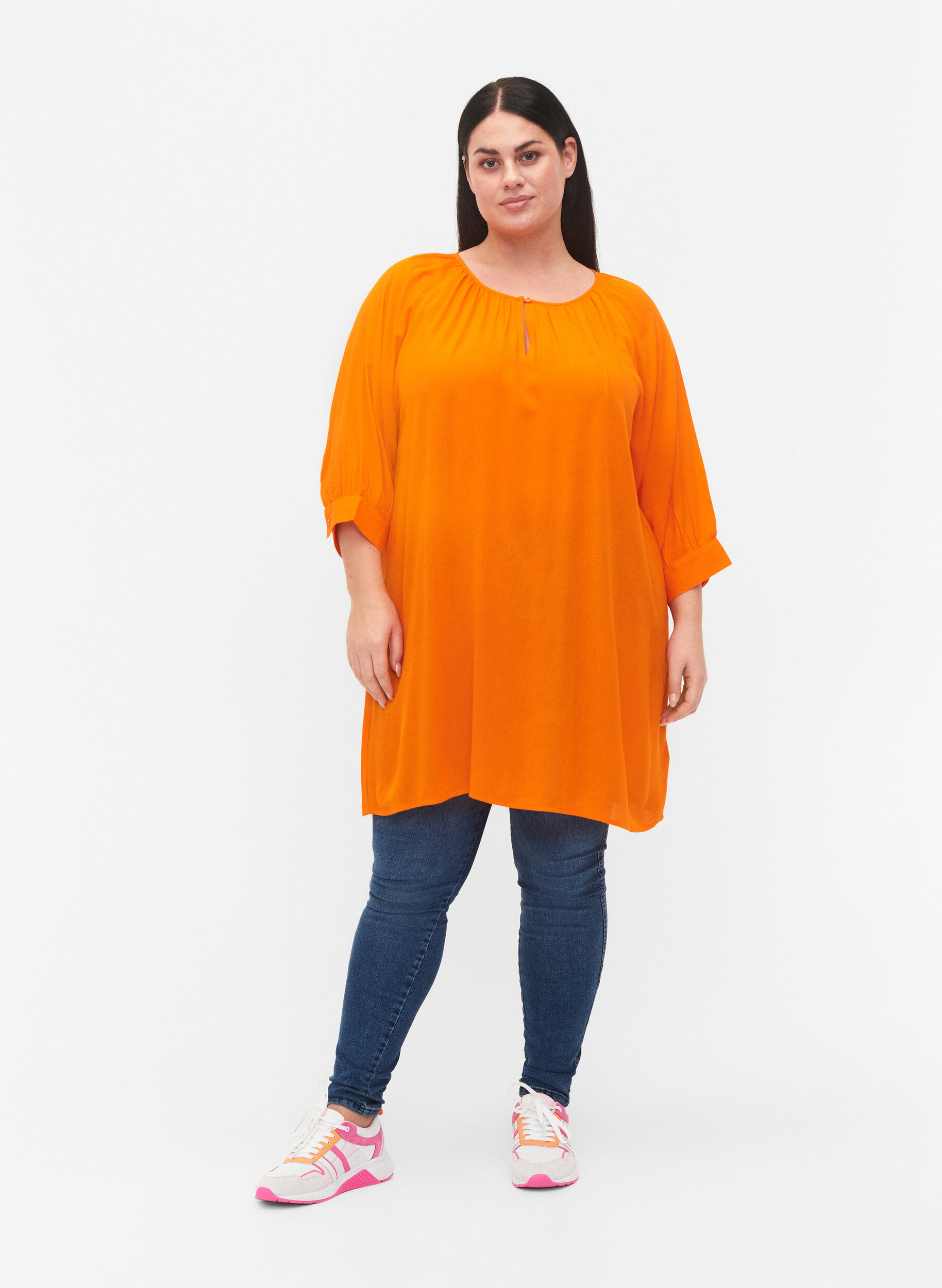 Zizzi Tunique en viscose &agrave; manches 3/4, Orange, Model image number 1