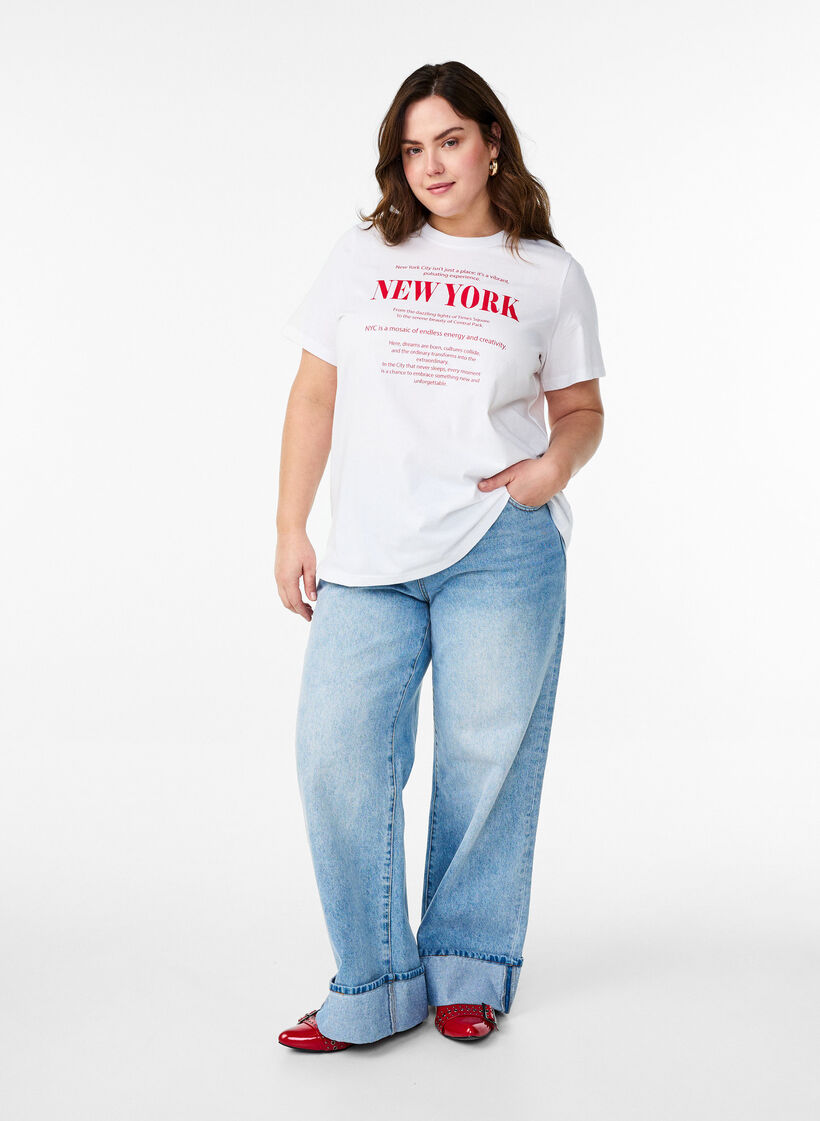 T-shirt avec imprim&eacute; de texte et col rond, Blanc, Model image number 1
