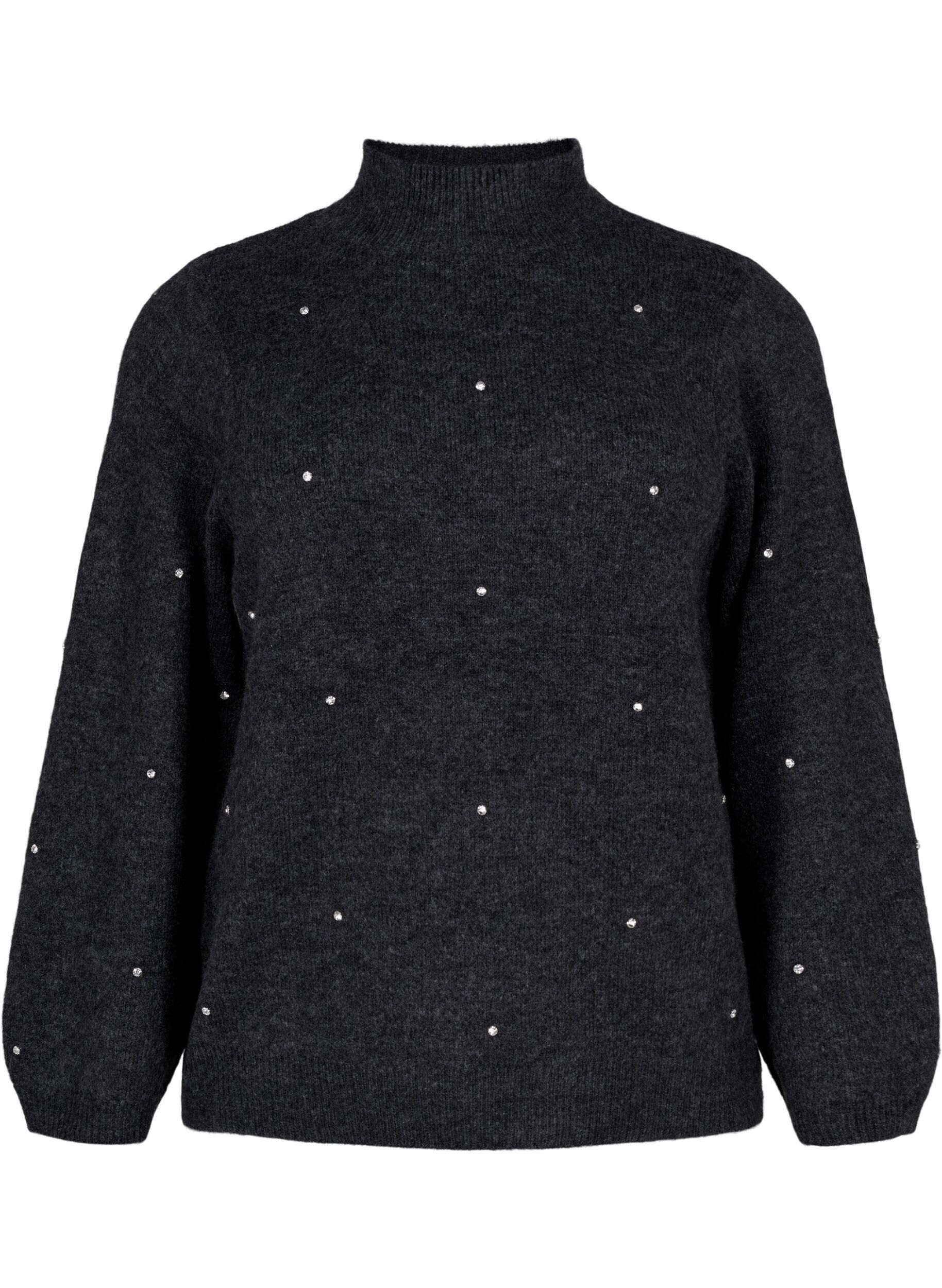 Zizzi Chemisier en maille avec des strass et un col montant, Dark Grey Melange, Packshot image number 0