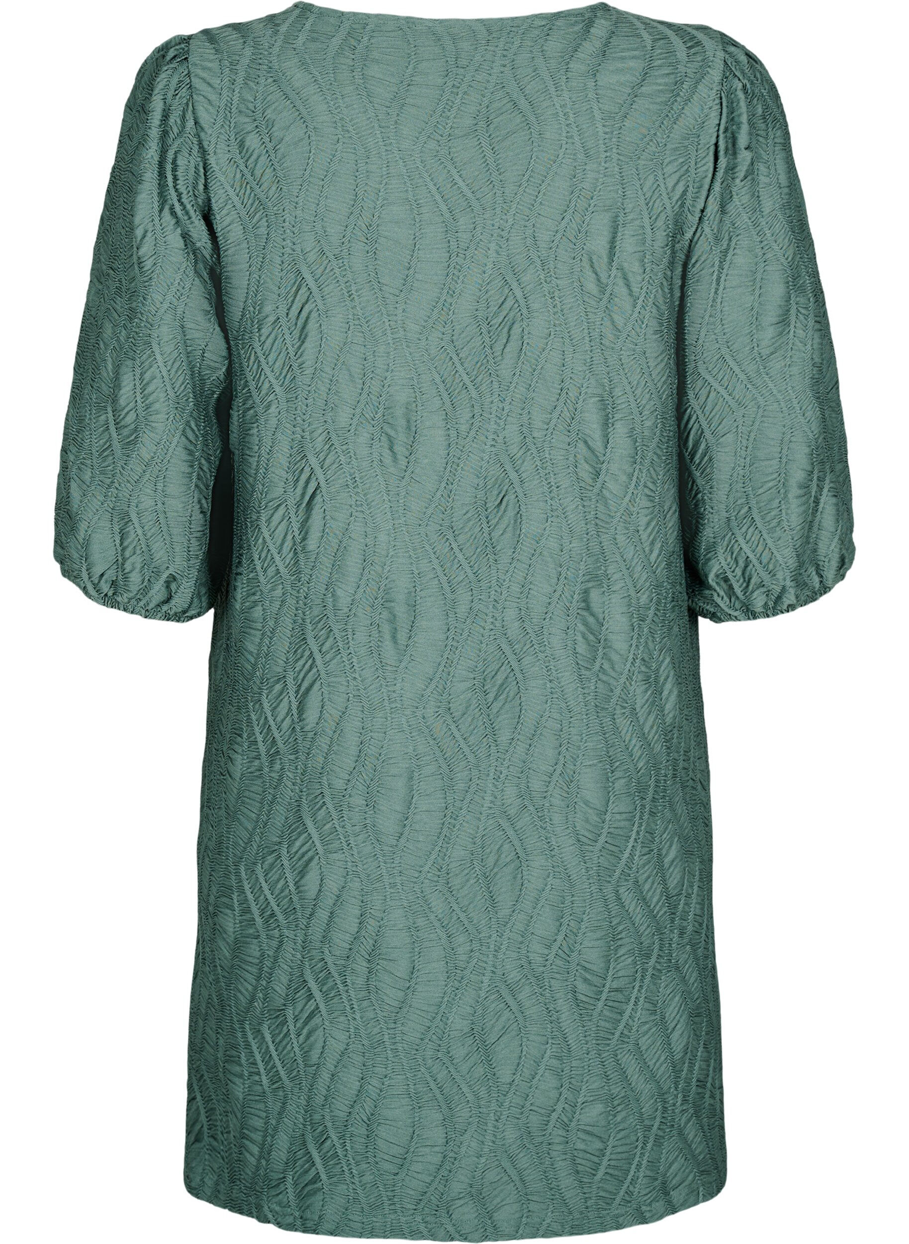 Zizzi Robe courte avec texture et manches 3/4, Vert, Packshot image number 1