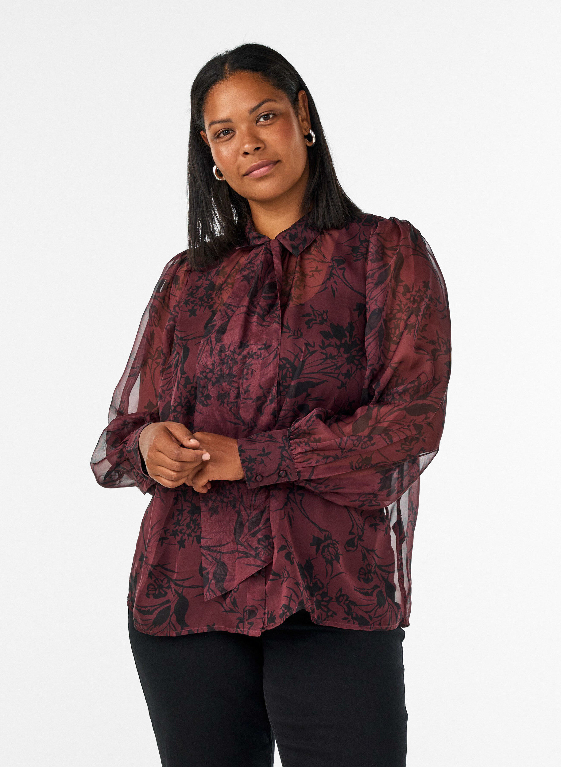 ZizziChemisier transparent avec motif floral et d&eacute;tail &agrave; nouer, Bordeaux fonc&eacute;, Model image number 0