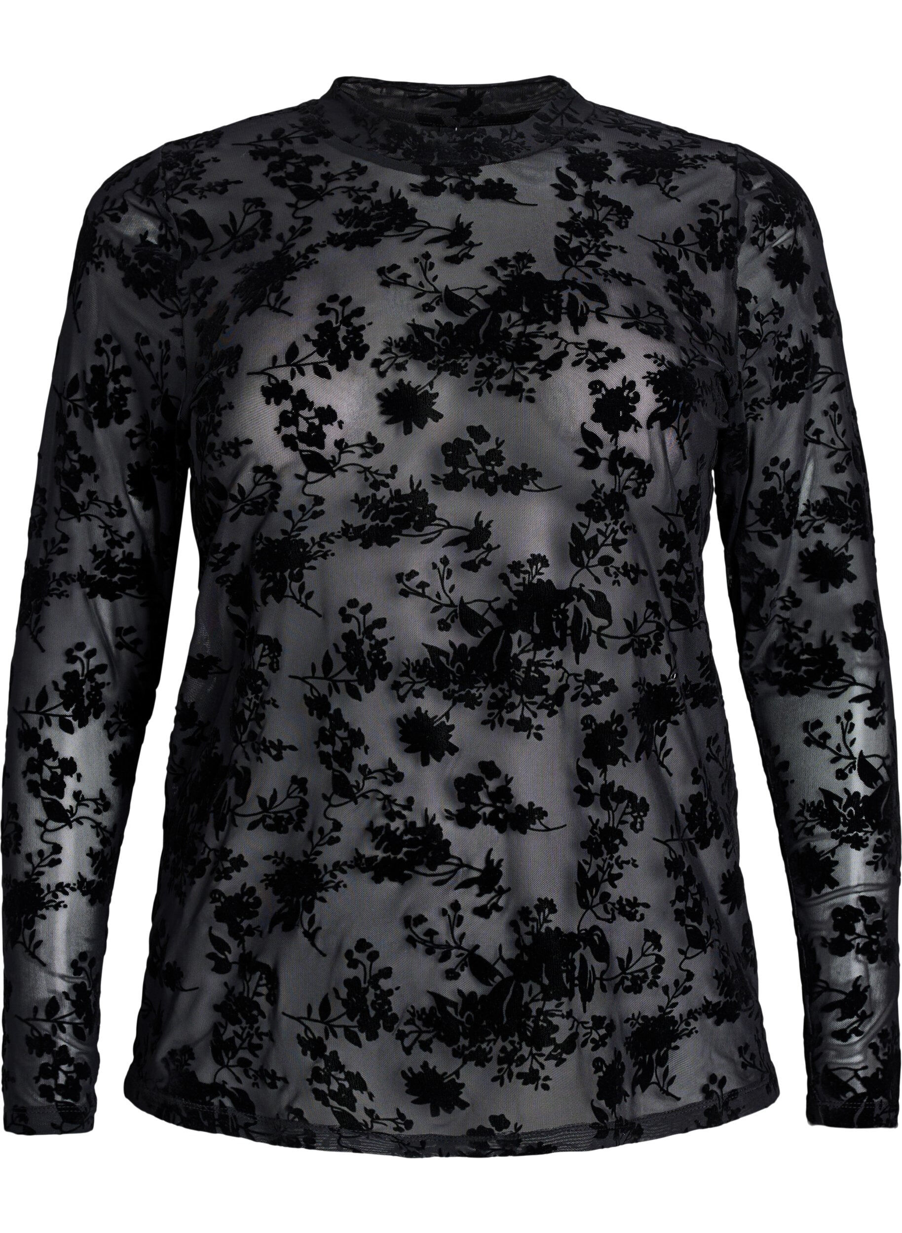 ZizziMesh blouse met bloemenpatroon, Zwart, Packshot image number 0