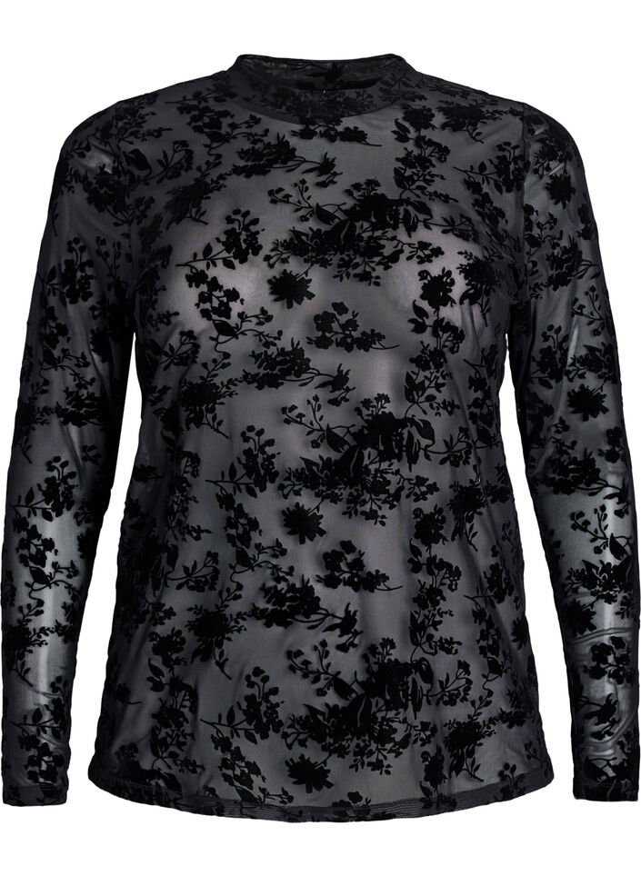 Blouse en maille à motif floral, Noir, Packshot image number 0