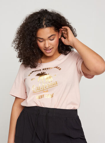 T-shirt en coton à manches courtes avec imprimé, Rose Smoke CALIFORN, Model image number 0