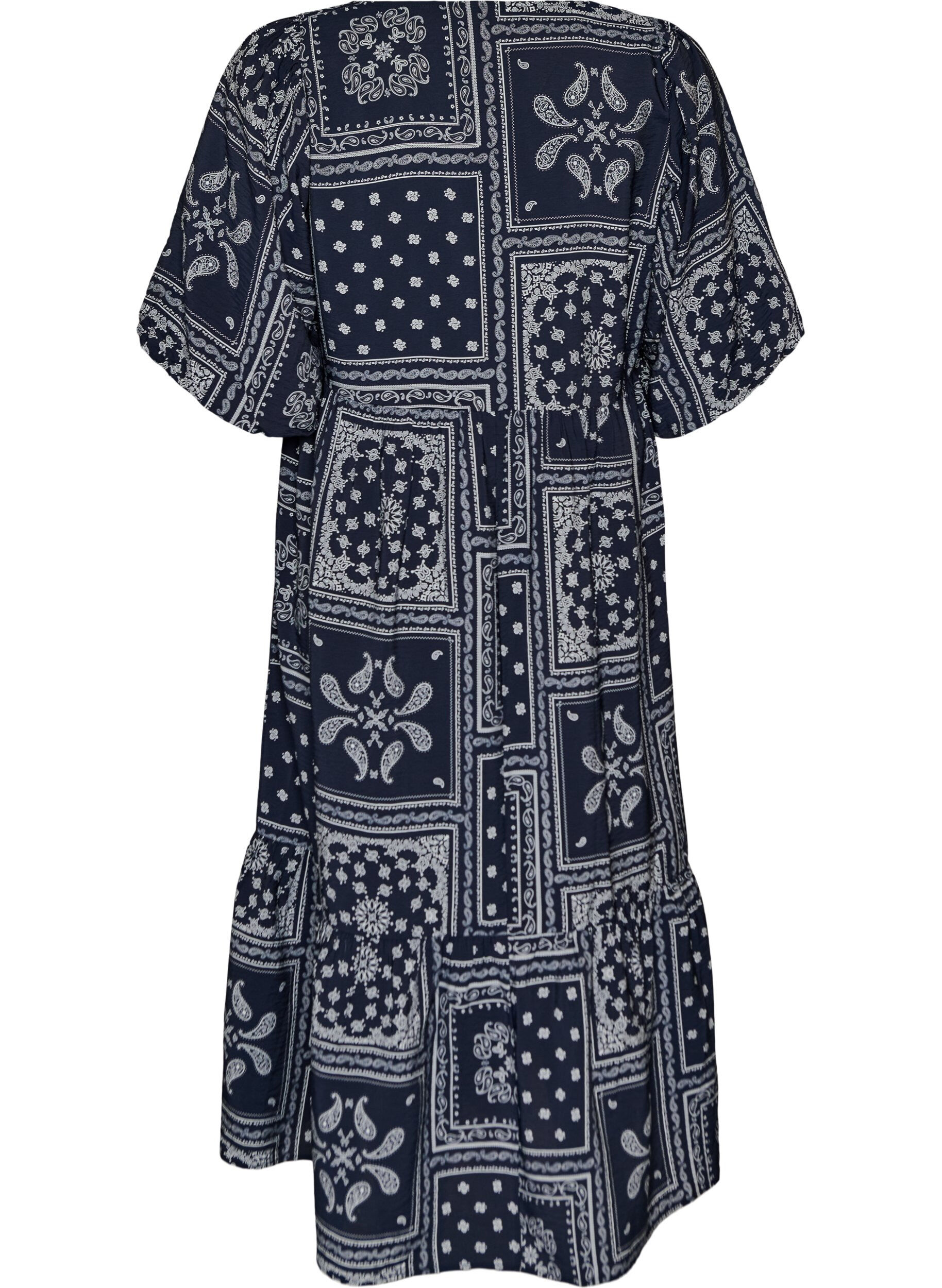 ZizziRobe longue en viscose avec un imprim&eacute; cachemire et des manches courtes, Bleu, Packshot image number 1
