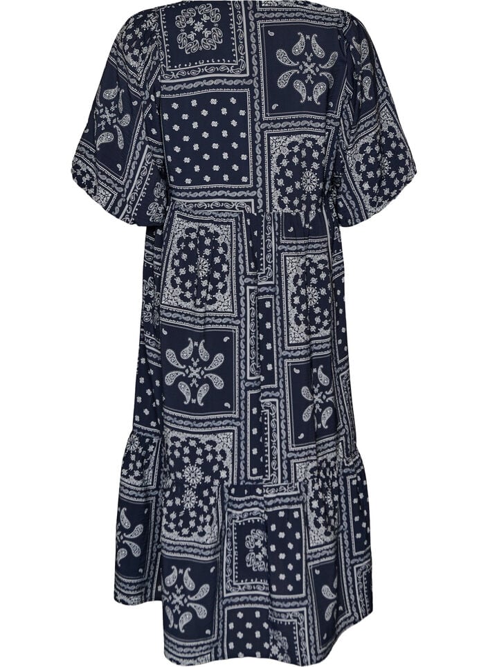 Robe longue en viscose avec un imprim&eacute; cachemire et des manches courtes, Bleu, Packshot image number 1