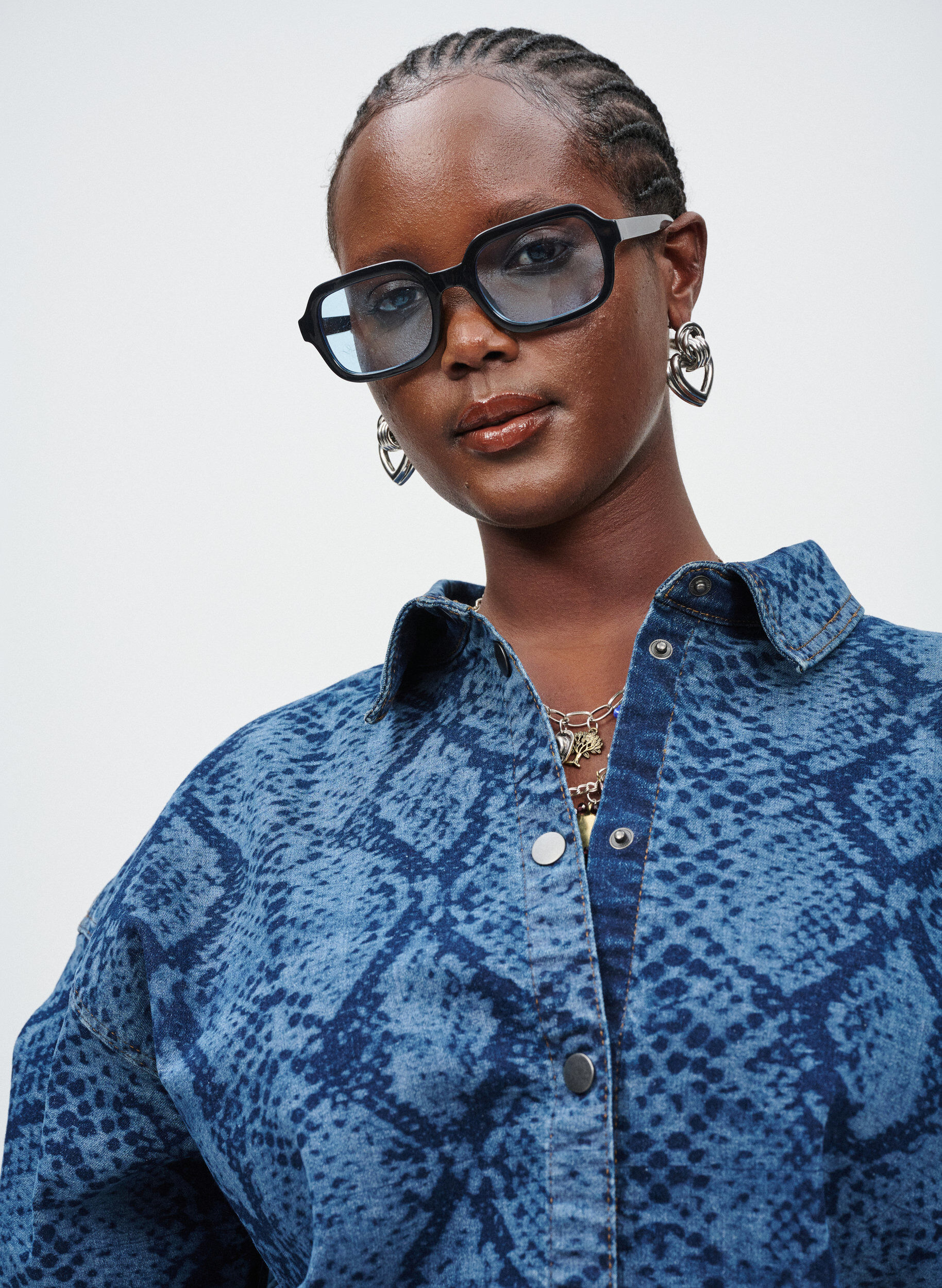 ZizziLosse denimblouse met slangenprint, Blauw, Image image number 0