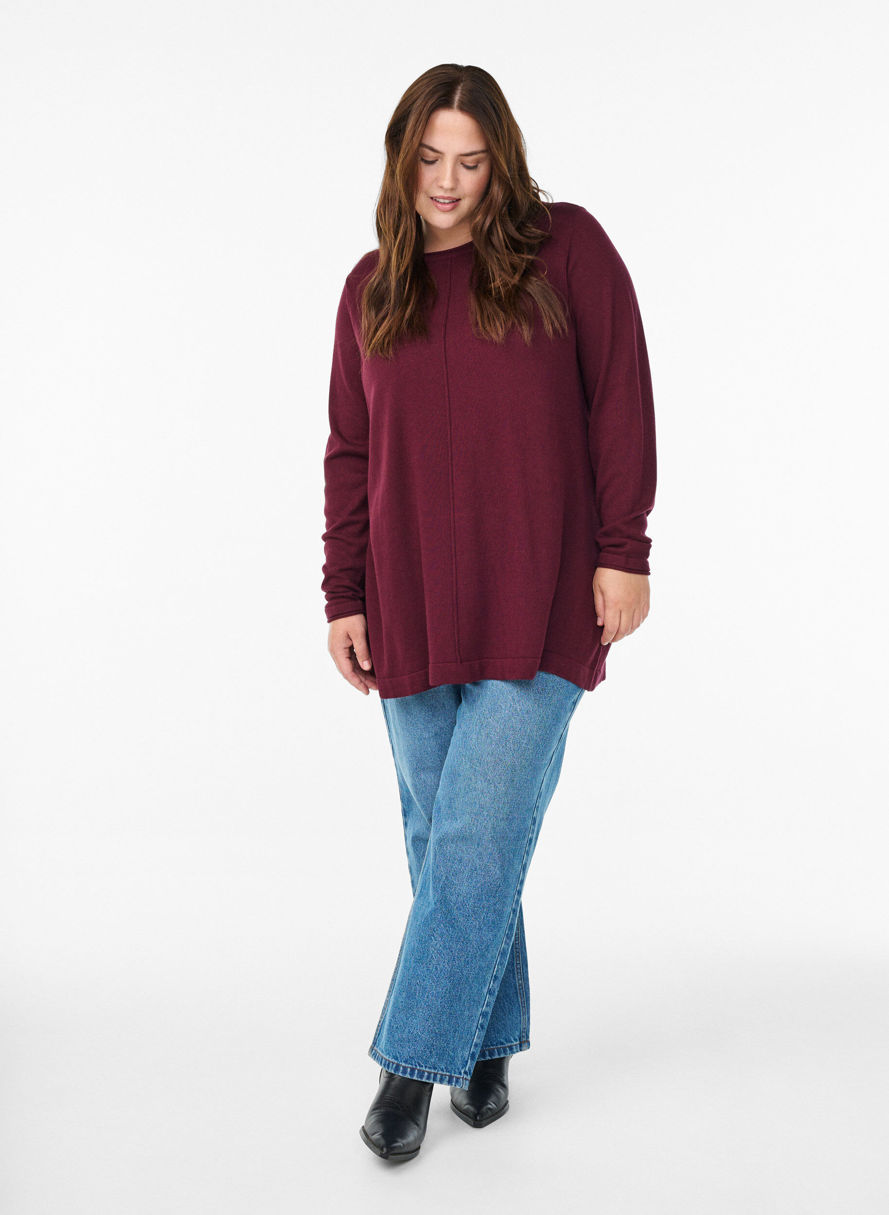 ZizziBlouse tricot&eacute;e en m&eacute;lange coton-viscose, Bordeaux fonc&eacute;, Model image number 1