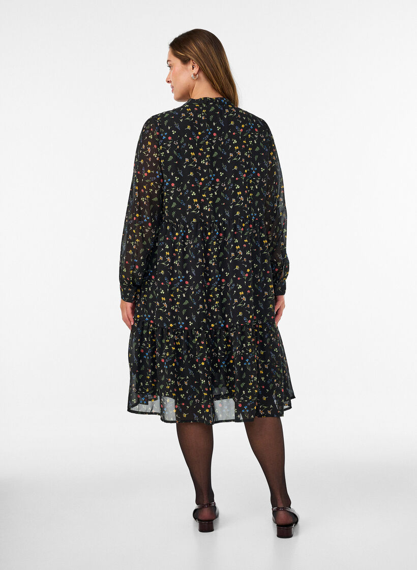 Robe &agrave; imprim&eacute; int&eacute;gral et volant superpos&eacute;, Noir, Model image number 1