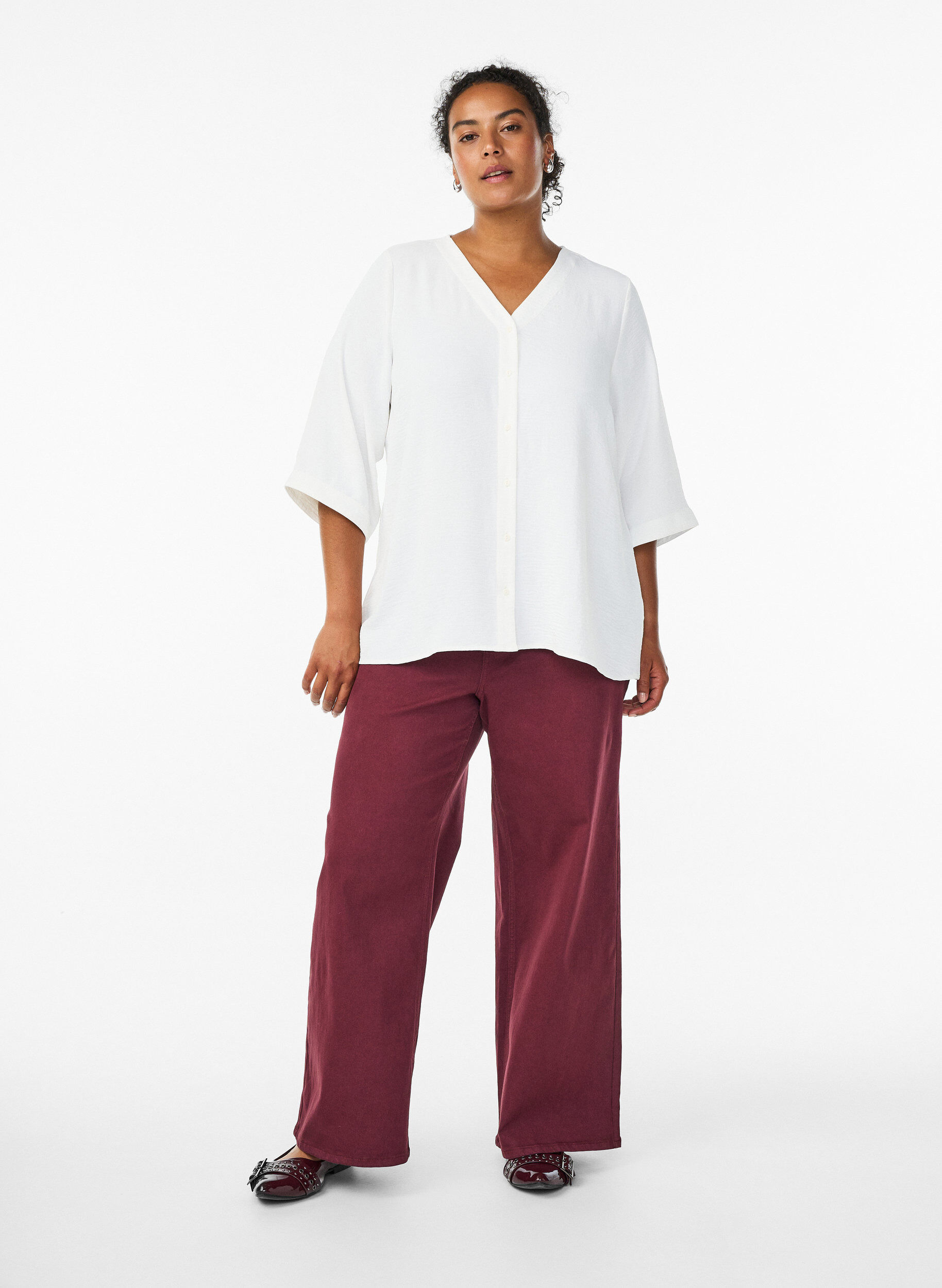 ZizziChemisier &agrave; col V et manches 3/4, Vanille, Model image number 1