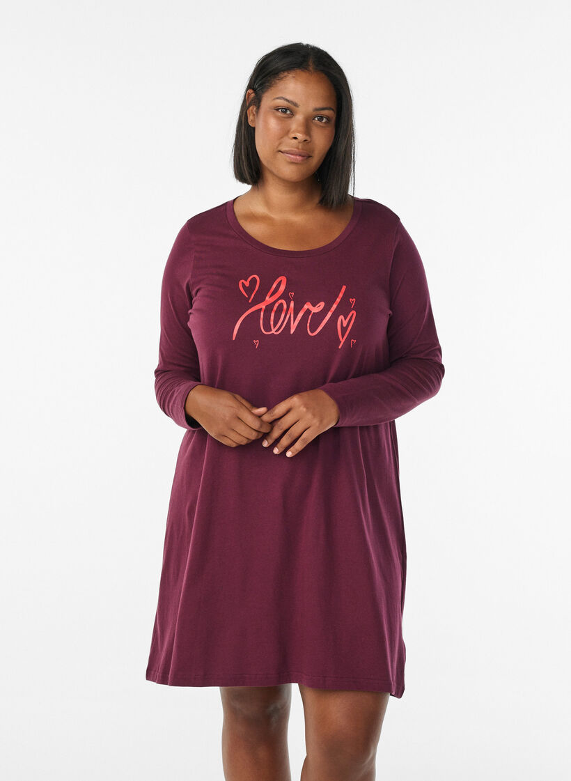 Chemise de nuit &agrave; manches longues en coton bio, Bordeaux, Model image number 0