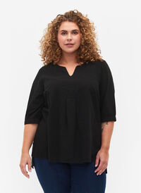 FLASH - Katoenen blouse met halflange mouwen, Black, Model