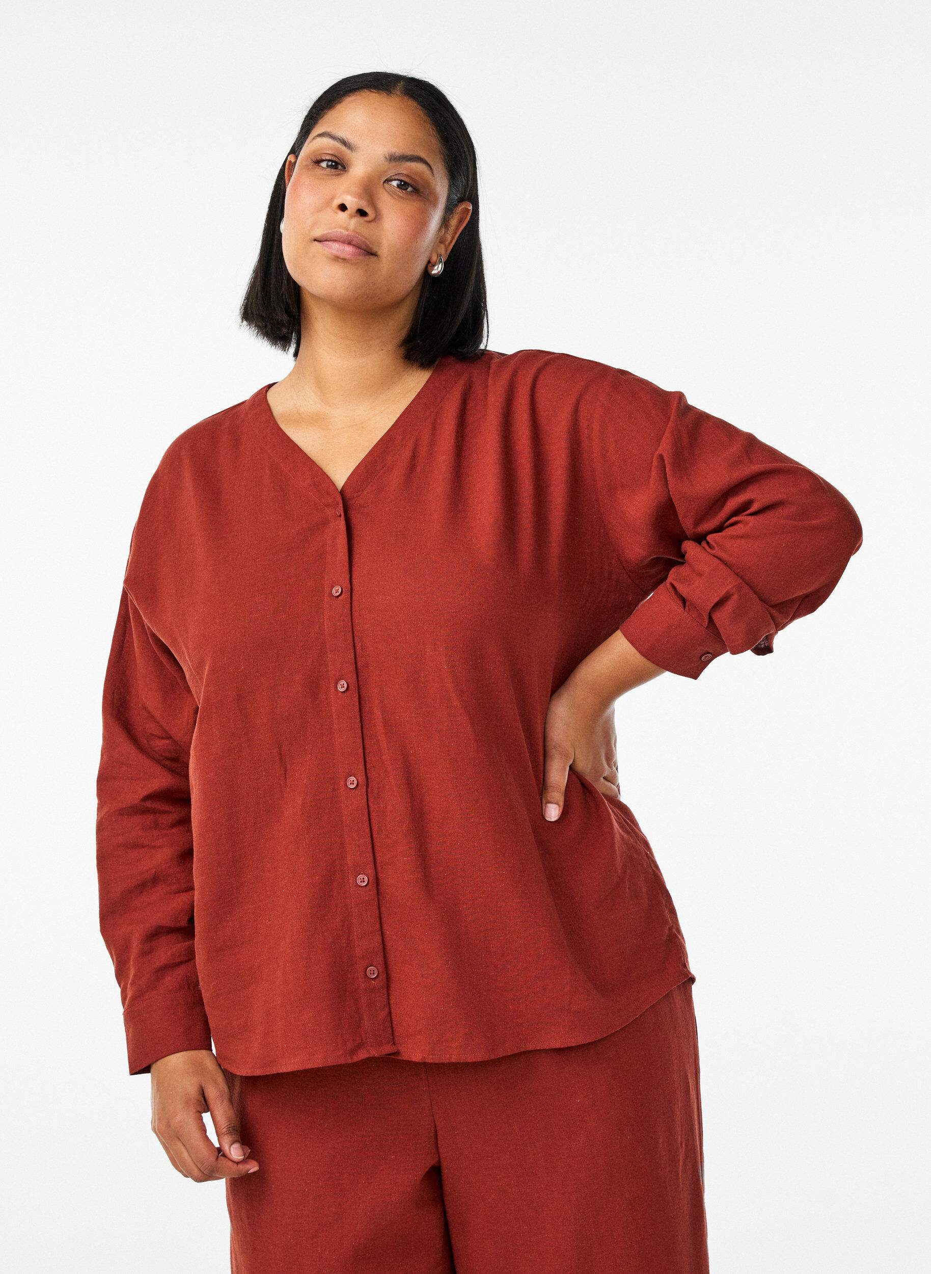 Blouse in linnen en viscose met V-hals, Rood, Model