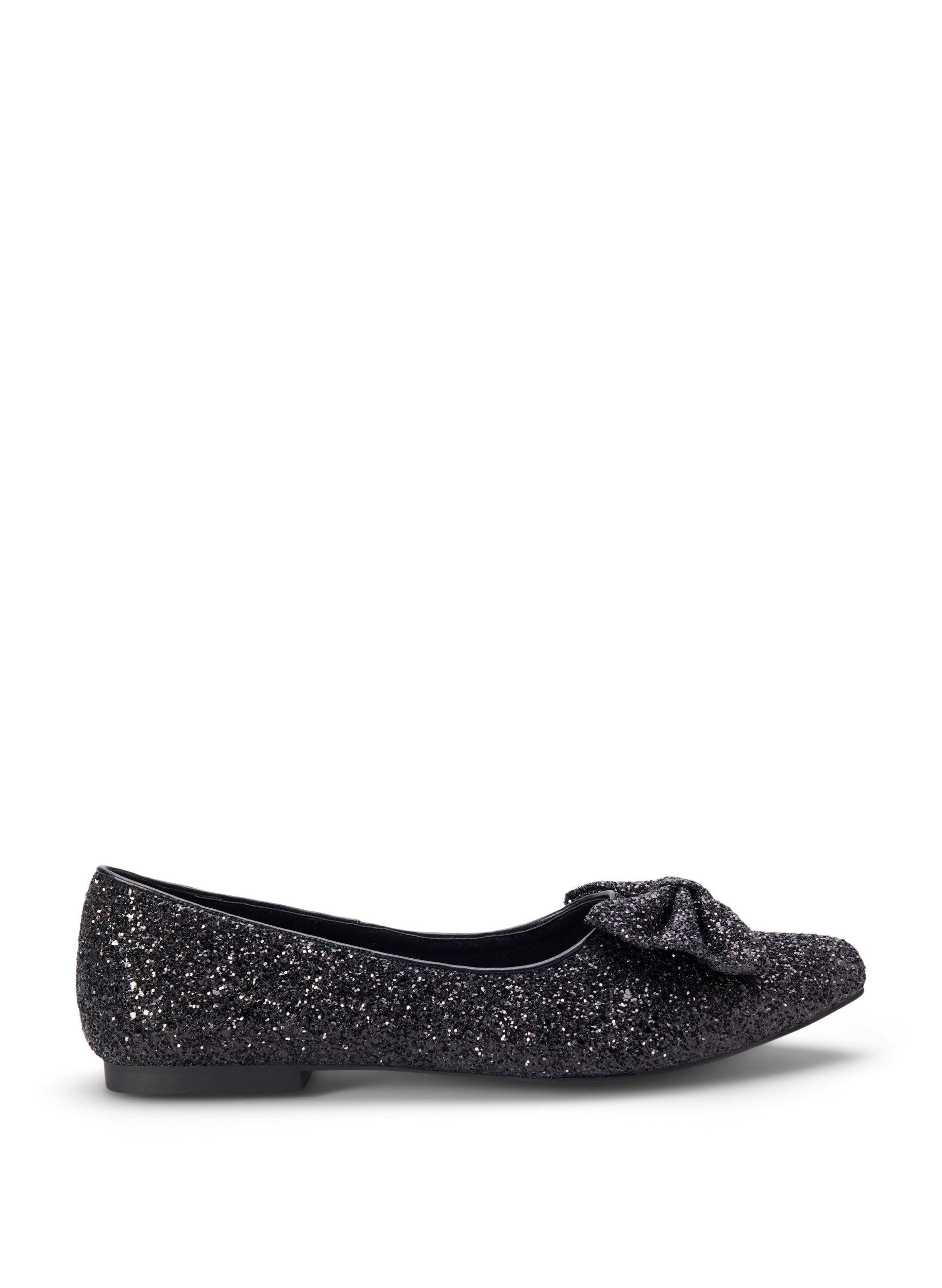 Zizzi Ballerines larges &agrave; paillettes avec n&oelig;ud, Black, Packshot image number 0