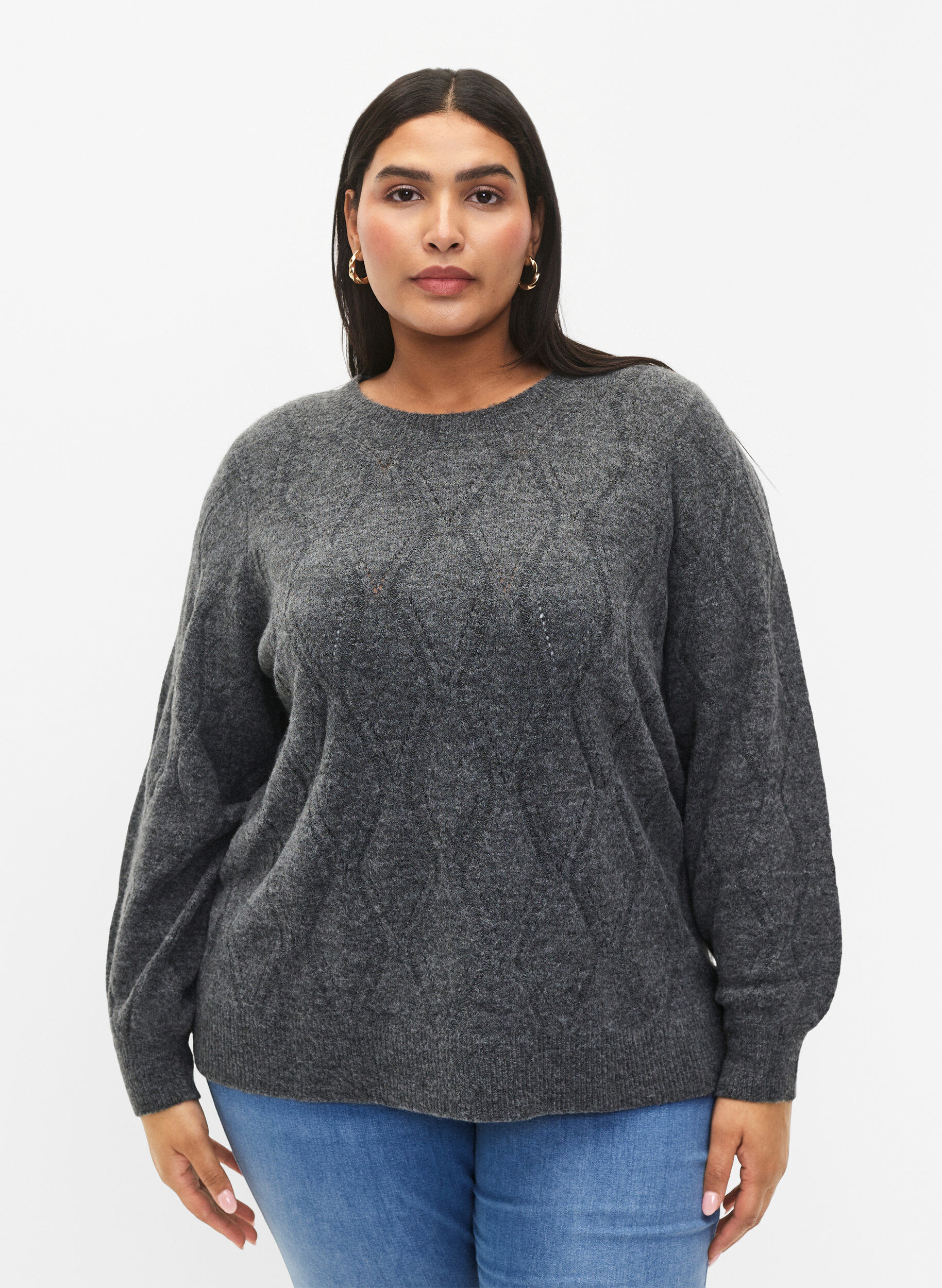ZizziGebreide pullover met gaatjespatroon, Dark Grey Melange, Model image number 0