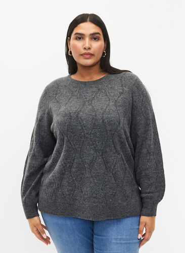 Gebreide pullover met gaatjespatroon, Dark Grey Melange, Model image number 0