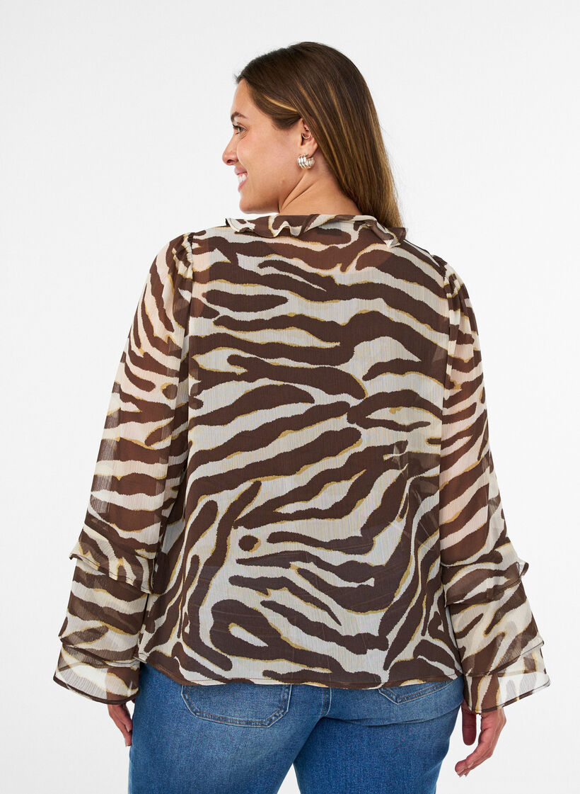 Blouse en mousseline avec imprim&eacute; z&egrave;bre et volants, Marron, Model image number 2