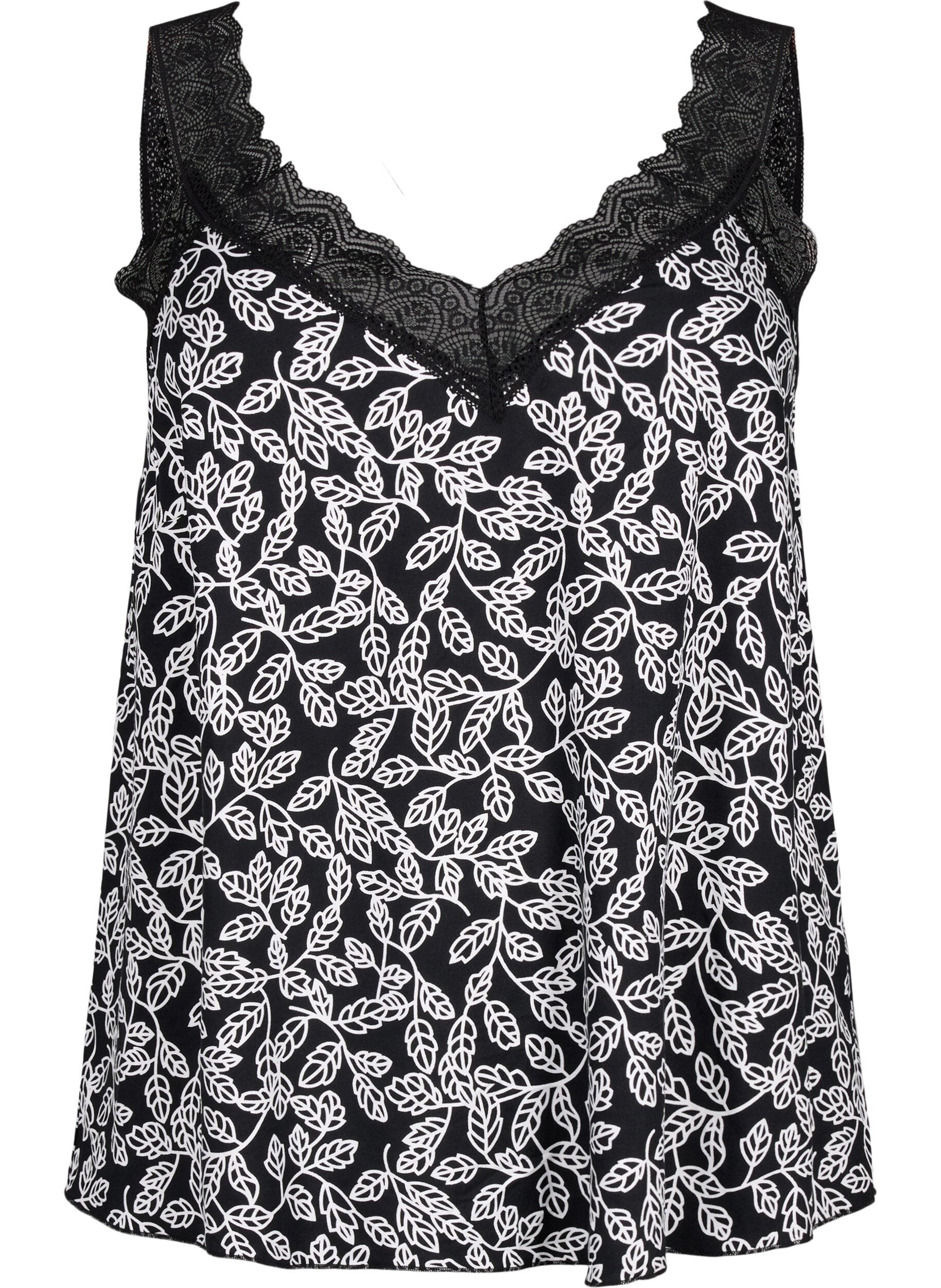 ZizziKanten topje van viscose, Black w. Wh.Leaf AOP, Packshot image number 0