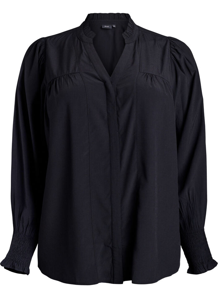 Blouse avec col &agrave; volants et fronces, Noir, Packshot image number 0