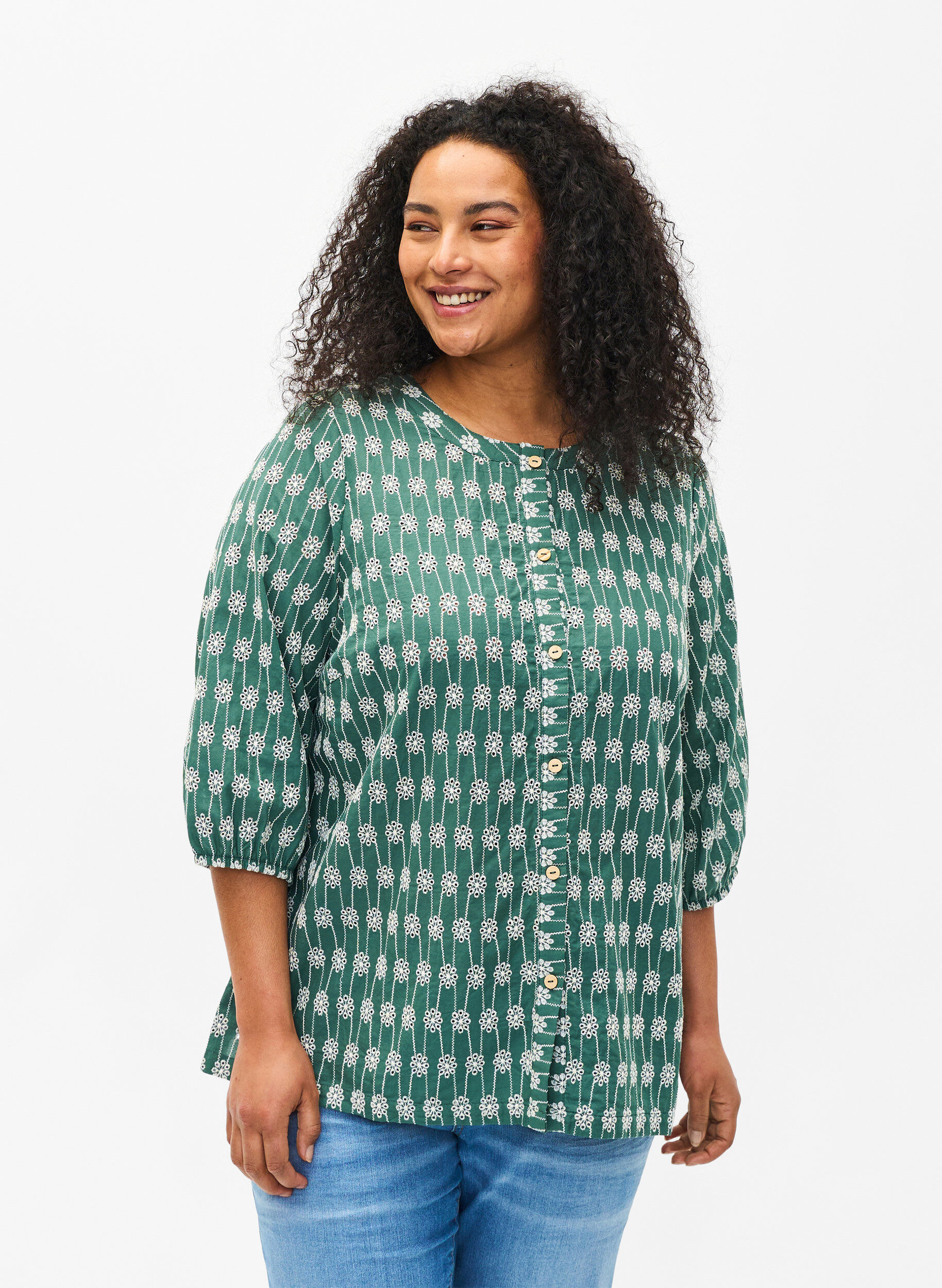 Zizzi Chemisier en coton &agrave; motif floral, Dark Forest, Model image number 0