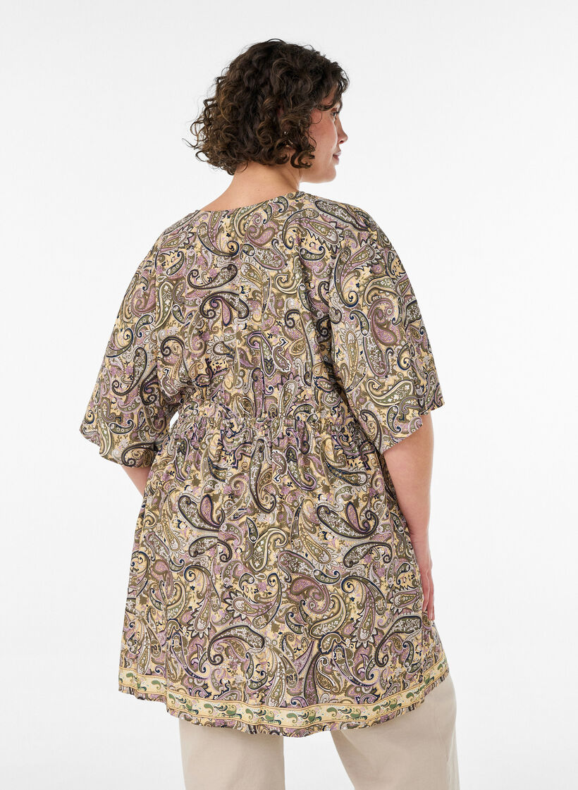 Tunique en viscose &agrave; imprim&eacute; cachemire et lien &agrave; nouer, Jaune, Model image number 2