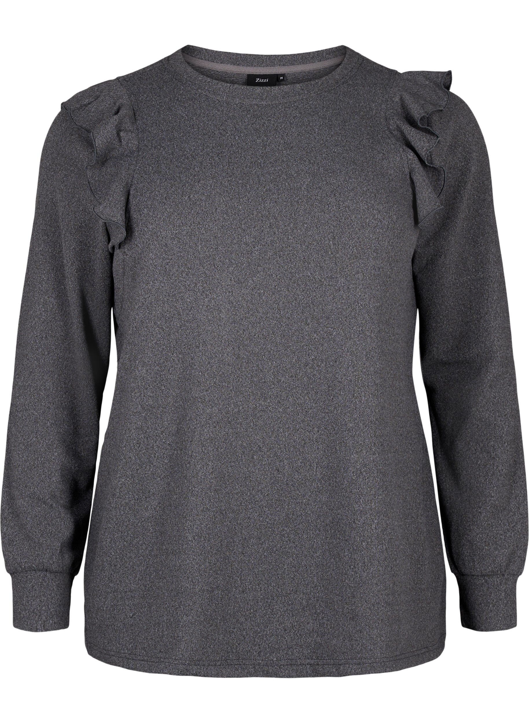 Zizzi Blouse met lange mouwen en ruches, Dark Grey Melange, Packshot image number 0
