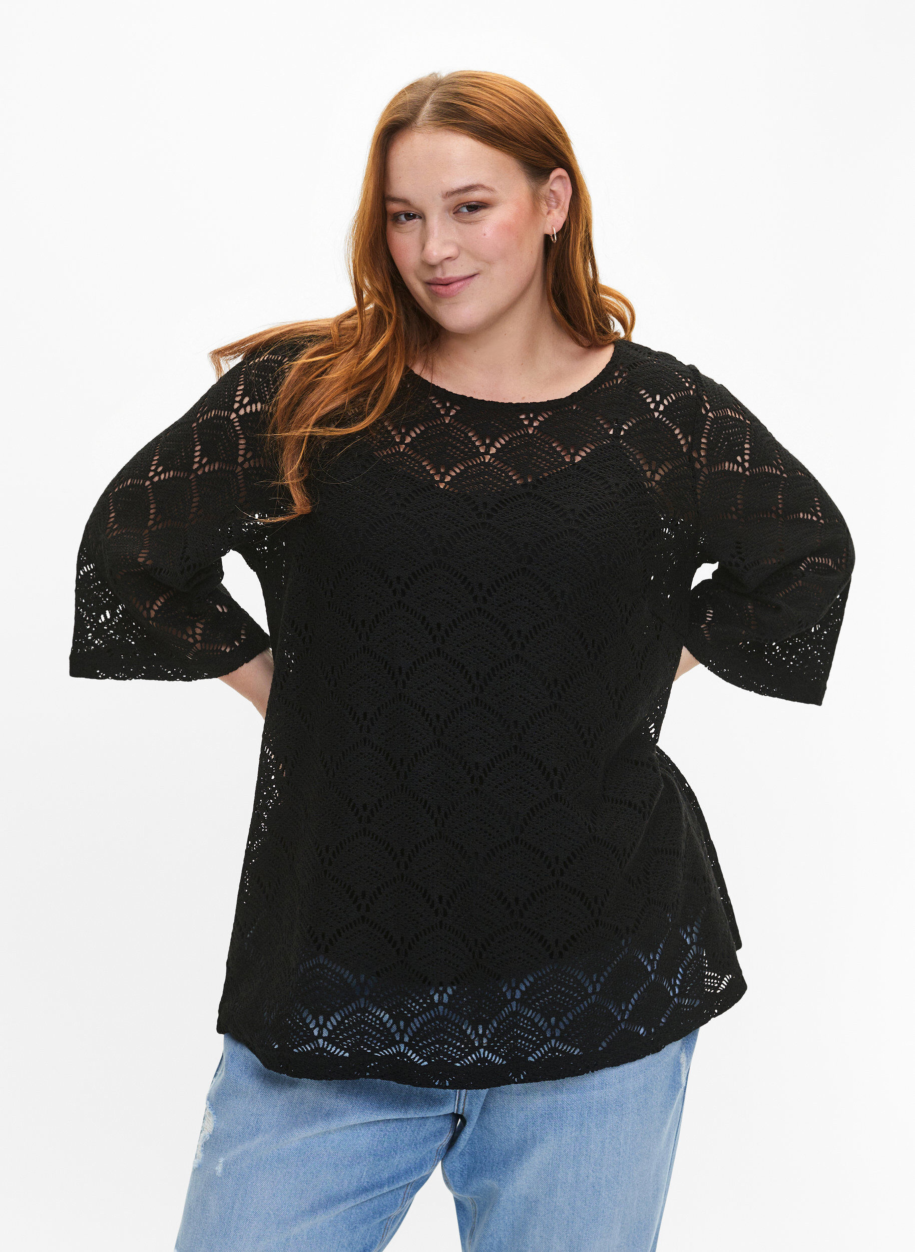 ZizziCrochet Blouse met 3/4 mouw, Black, Model image number 0