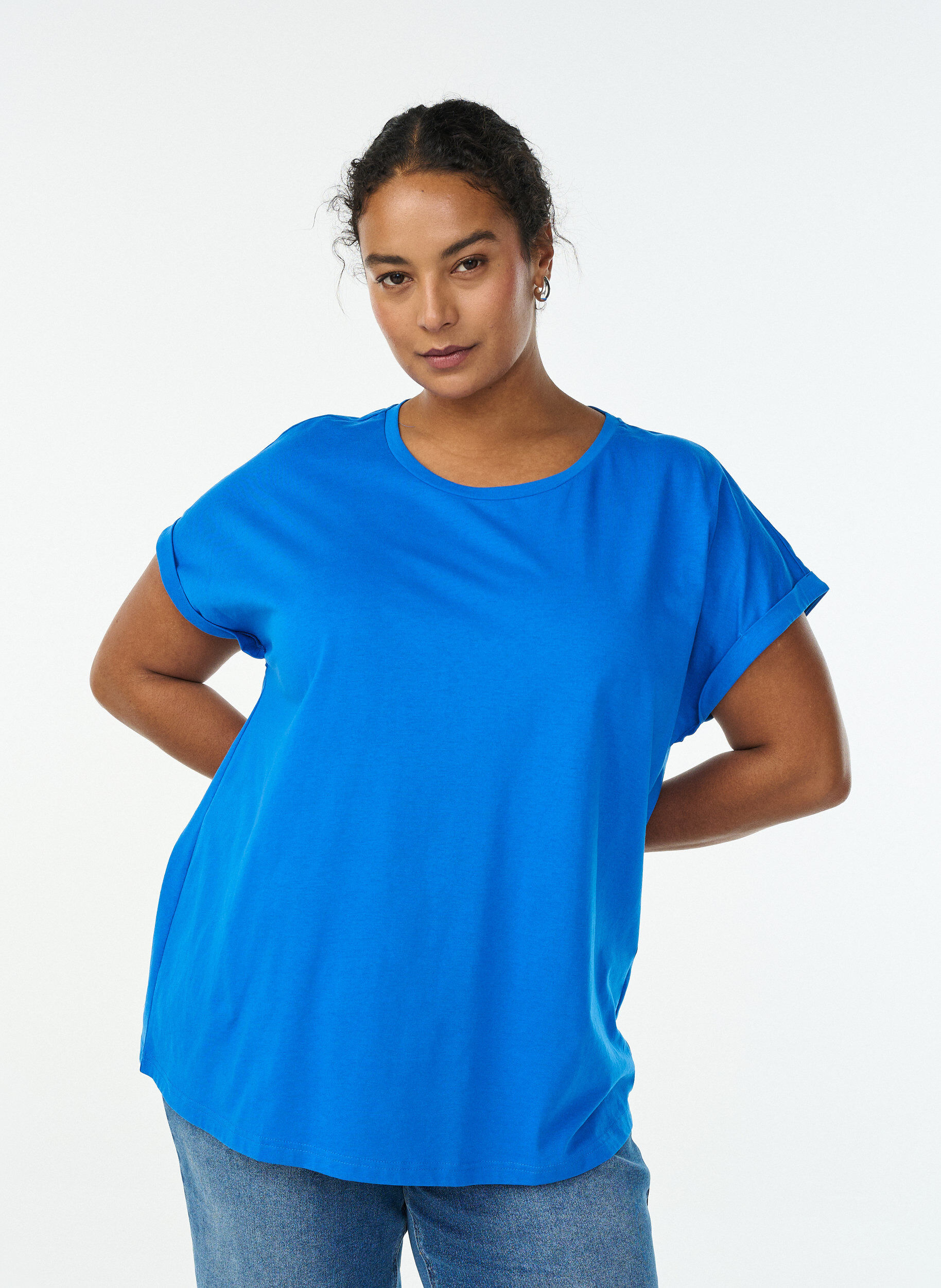 T-shirt &agrave; manches courtes en m&eacute;lange de coton, Bleu, Model