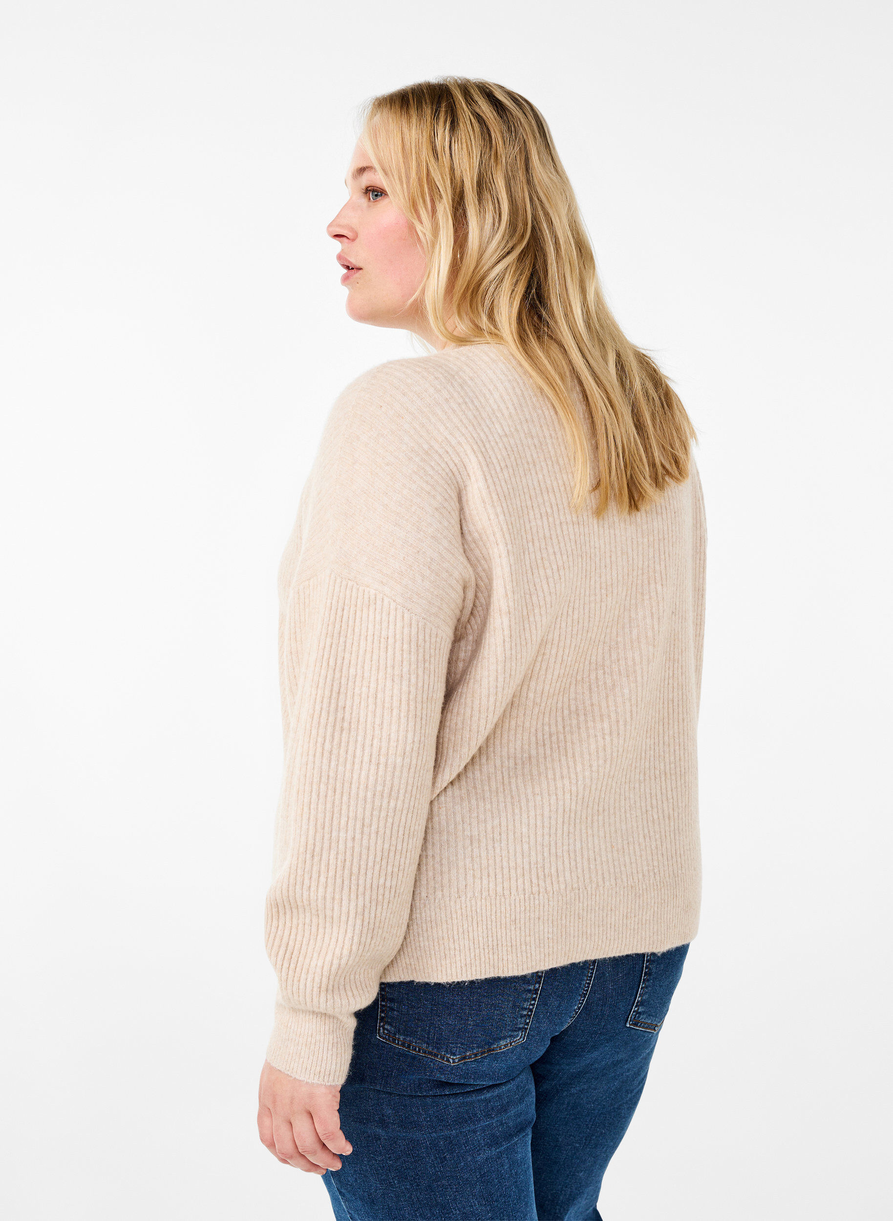 ZizziVest van ribtricot met knopen, Beige, Model image number 2