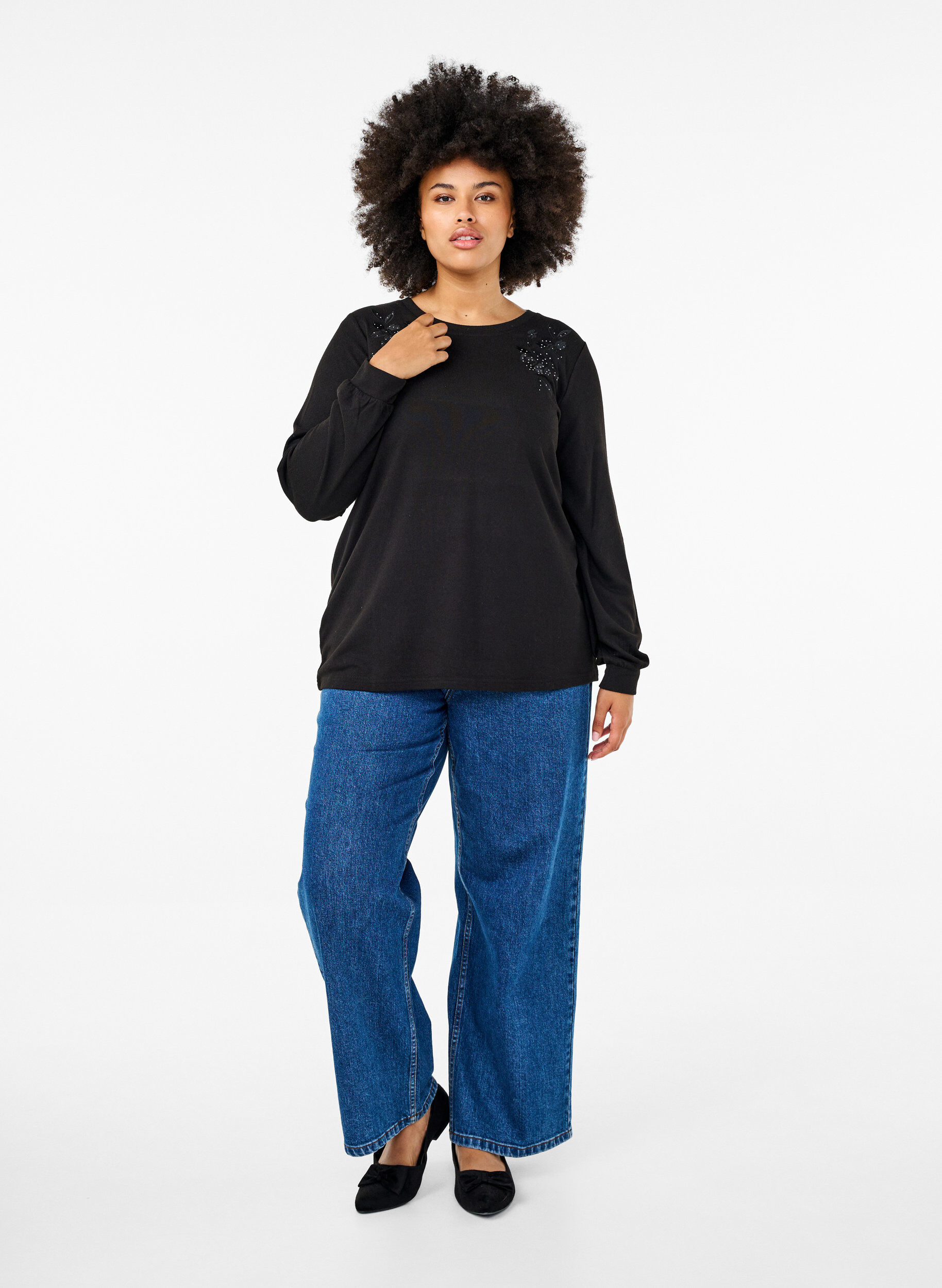 ZizziBlouse met borduursels en strass steentjes, Black, Model image number 2