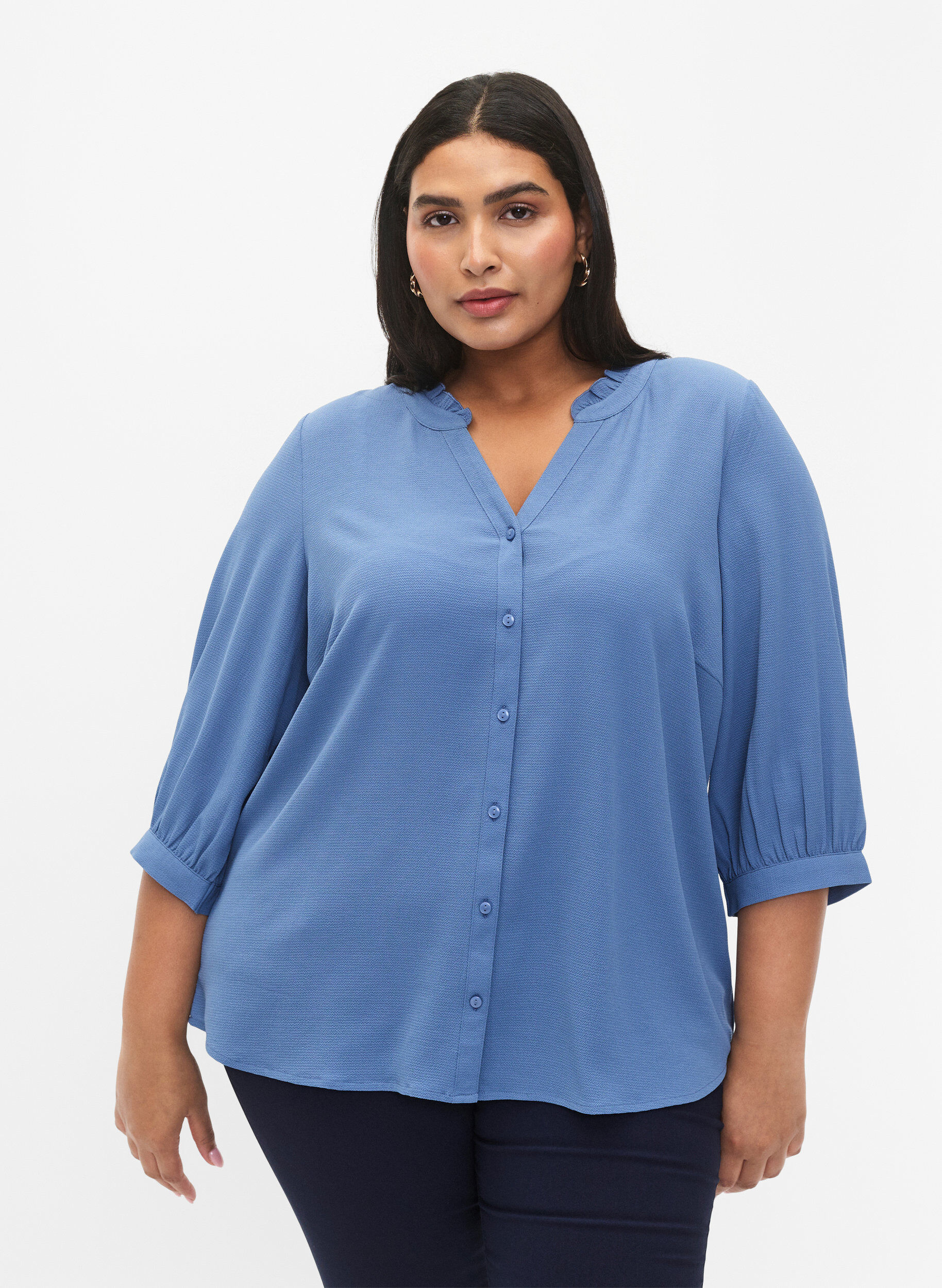 ZizziOverhemdblouse met 3/4-mouwen en een kraag met ruches, Moonlight Blue, Model image number 0
