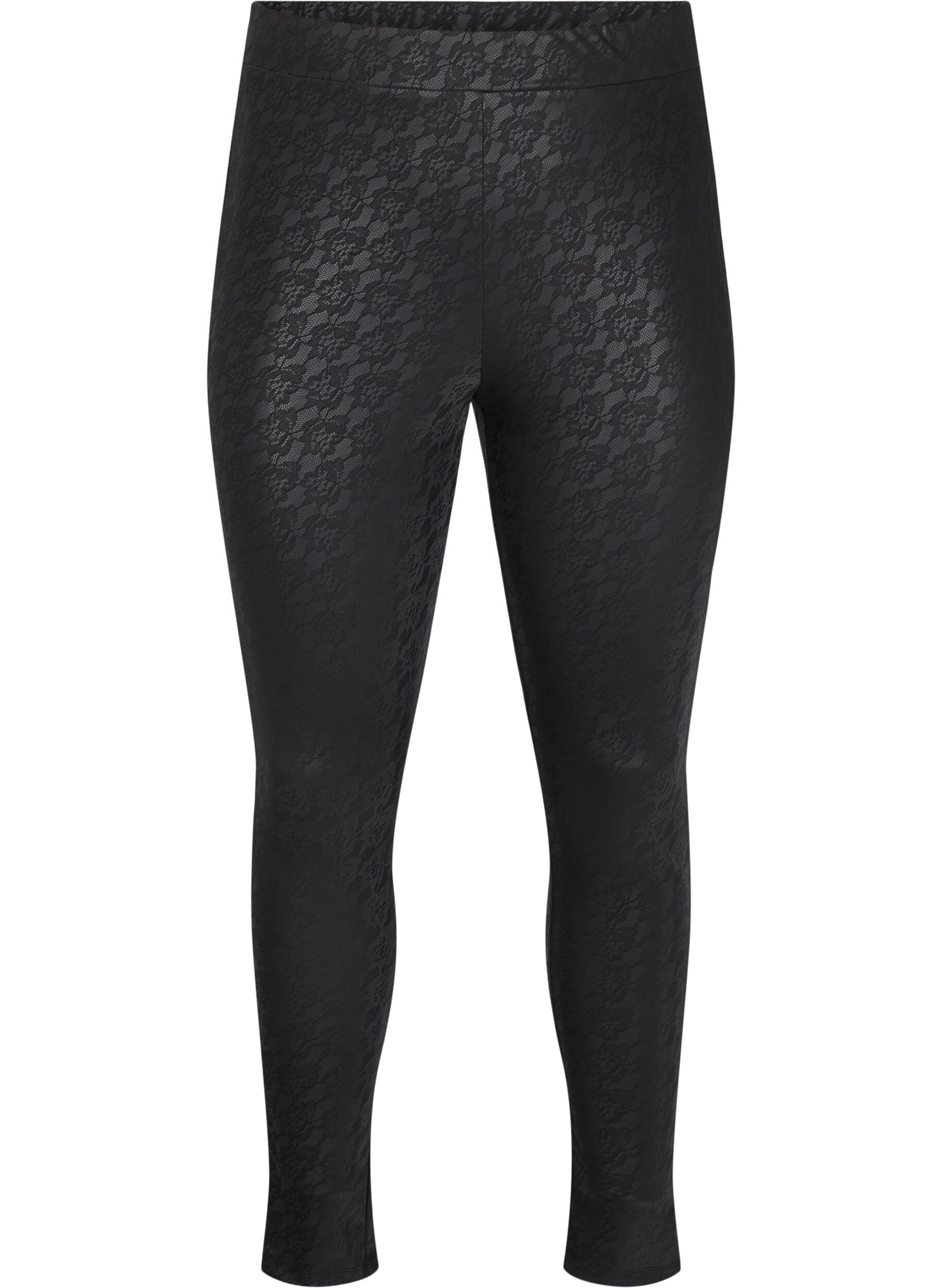 ZizziImitatieleer legging met kantstructuur, Zwart, Packshot image number 0