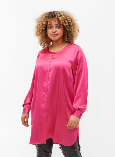 Lang glanzend shirt met split, Pink Flambé, Model image number 0